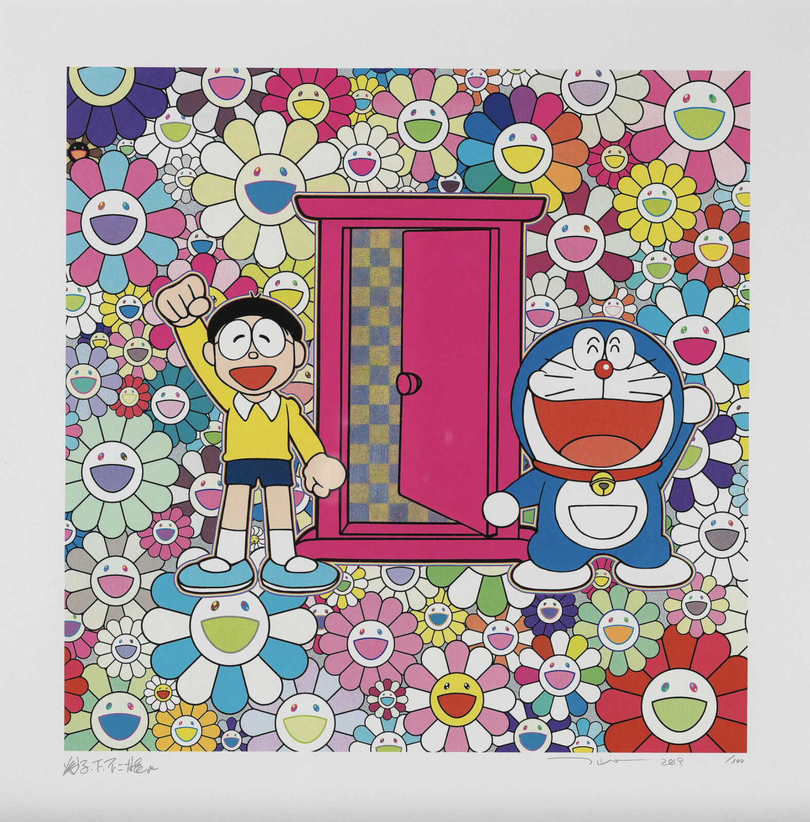 A painting of a boy and a doraemon standing in front of a door.