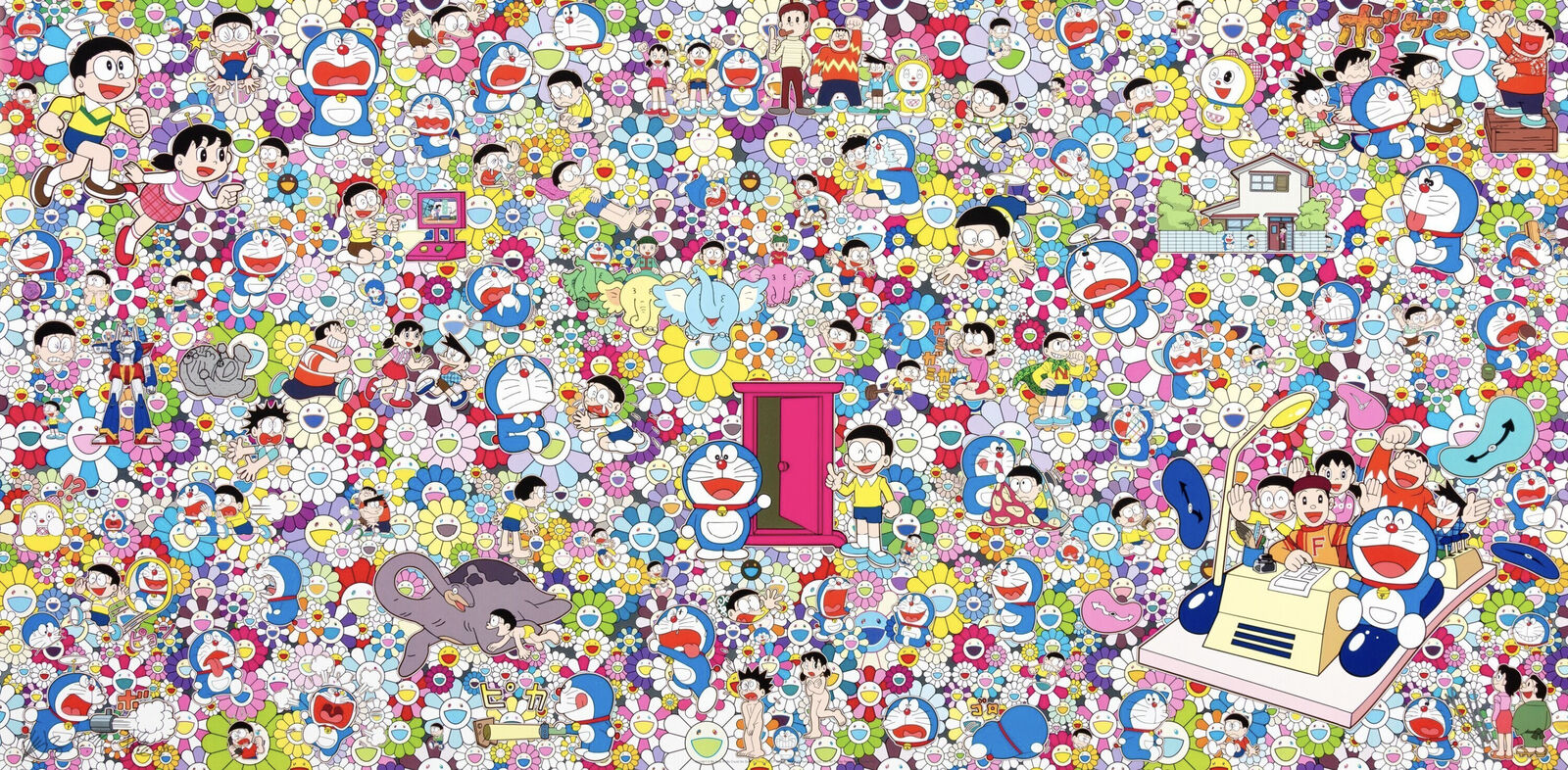 A large group of cartoon characters in a room.