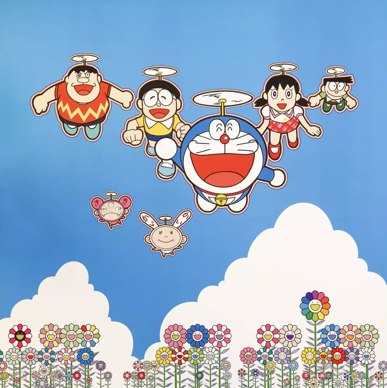 A group of cartoon characters flying in the sky over a field of flowers.