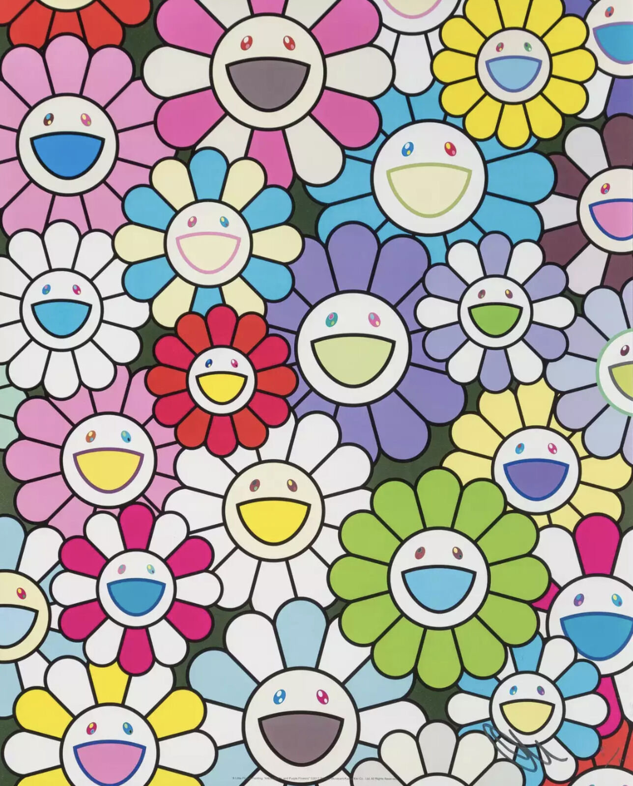 A bunch of colorful flowers with smiley faces on them.