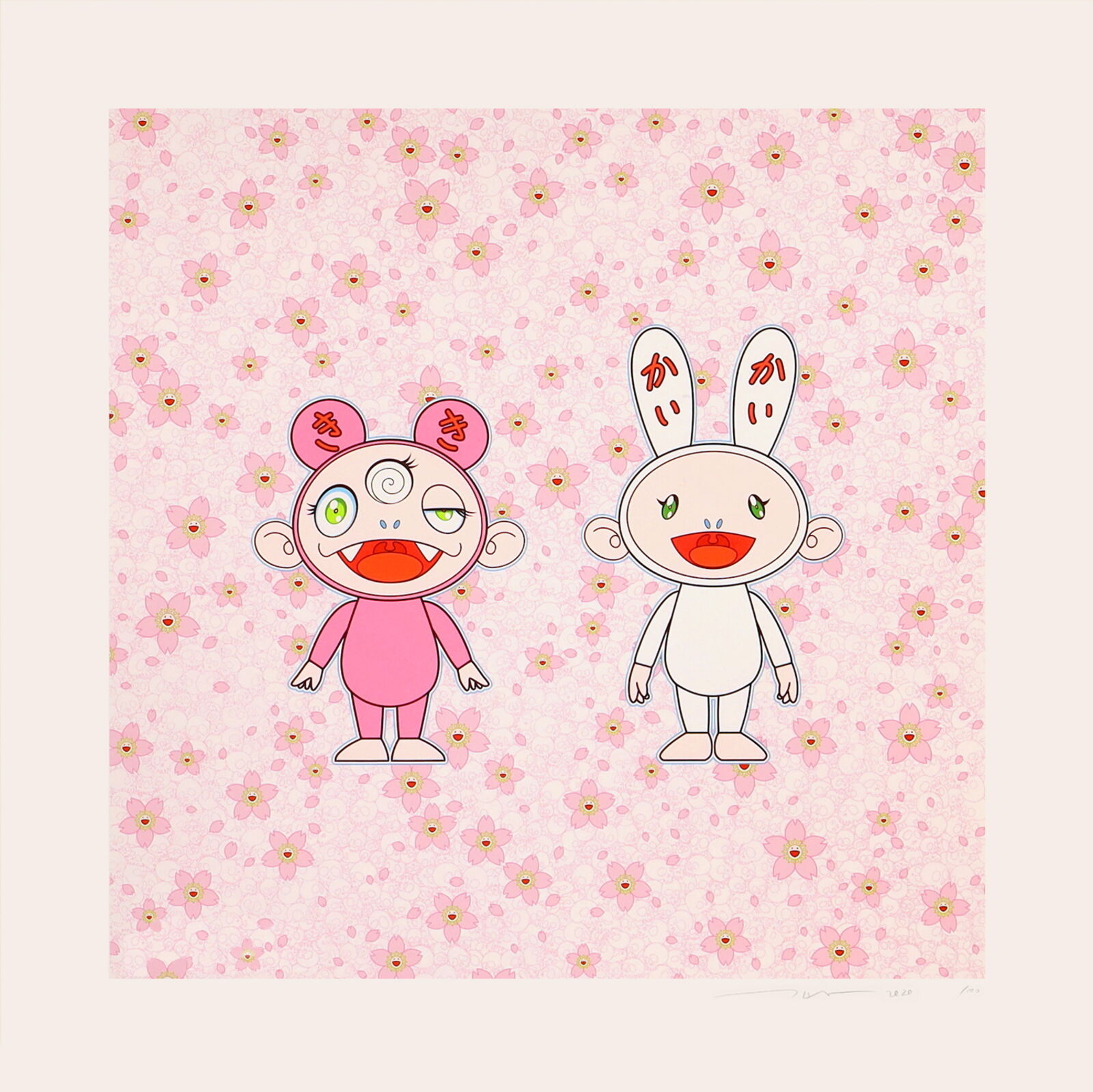 A couple of cartoon characters standing next to each other on a pink background.