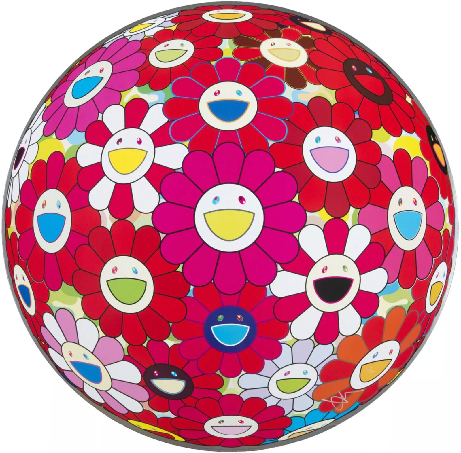 A colorful flower ball with smiley faces on it. 