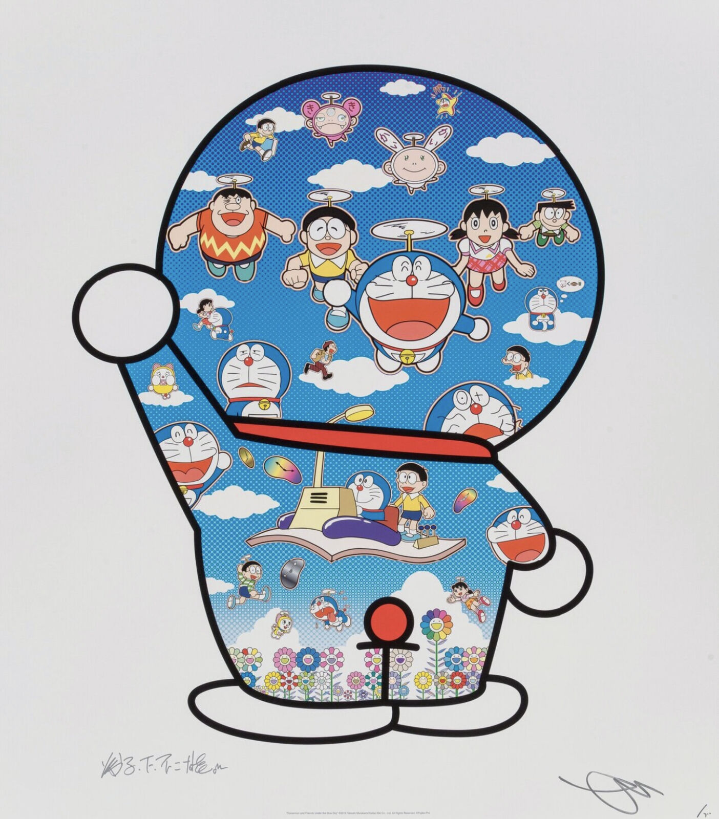 A drawing of a cartoon character with many different characters on it.