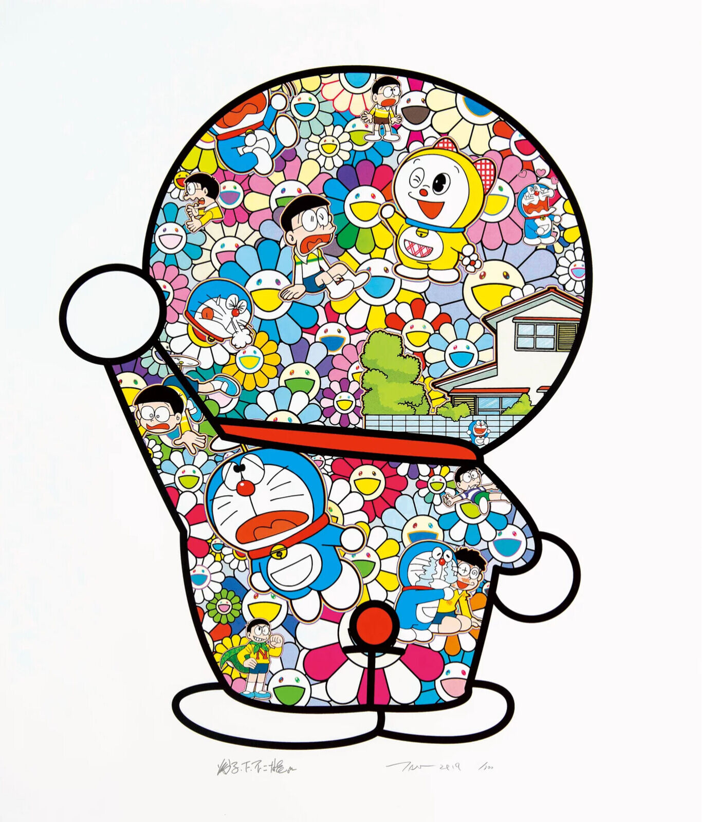 A drawing of a doraemon with a bunch of cartoon characters on it.