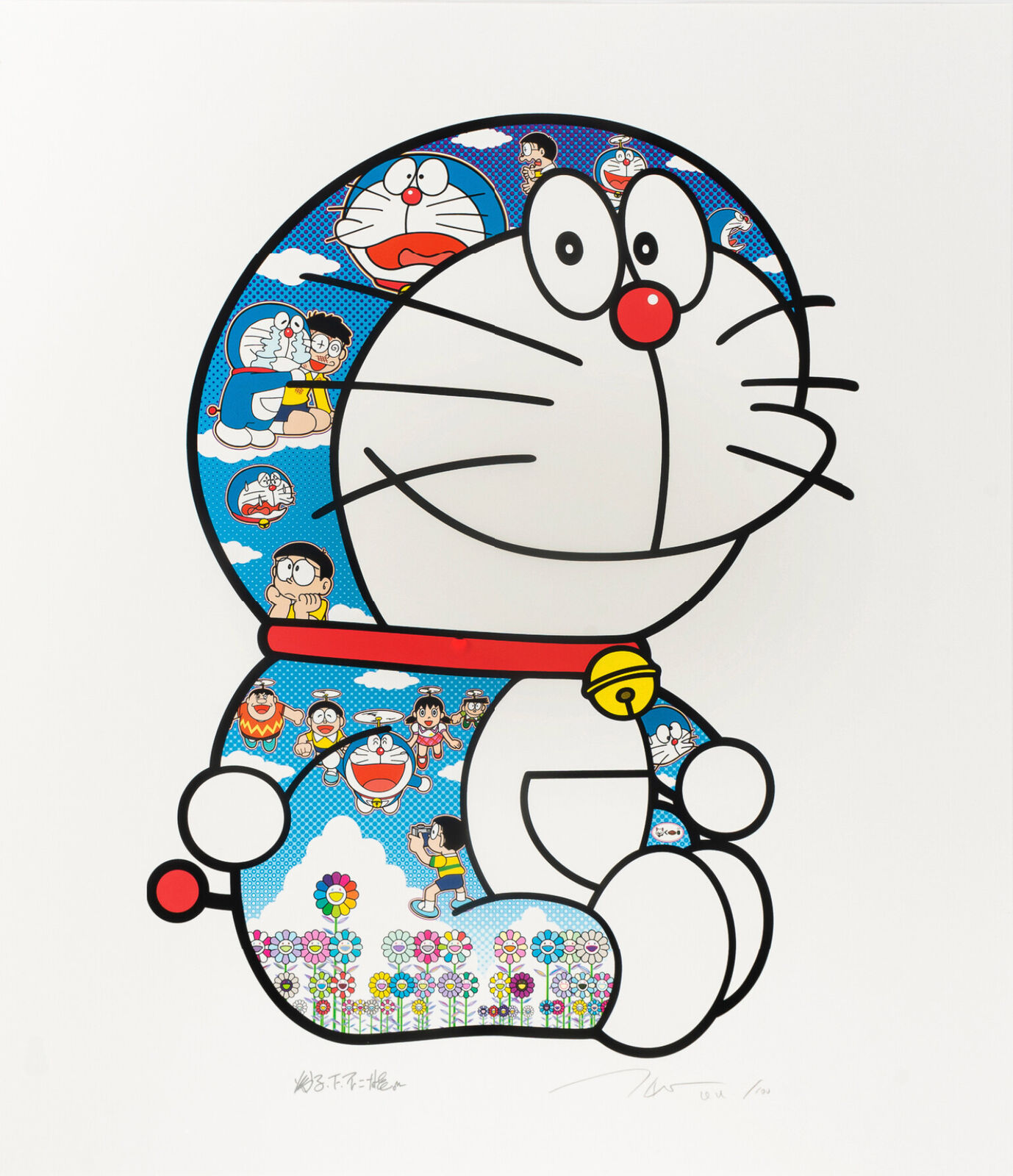 A drawing of a doraemon sitting in front of a white background.