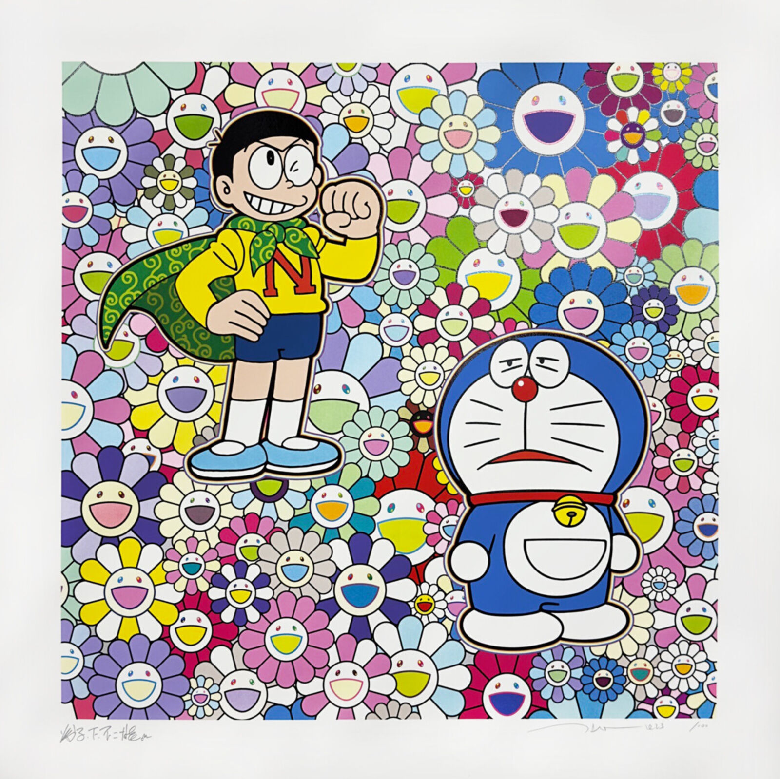 A painting of a cartoon character standing in front of a bunch of flowers.