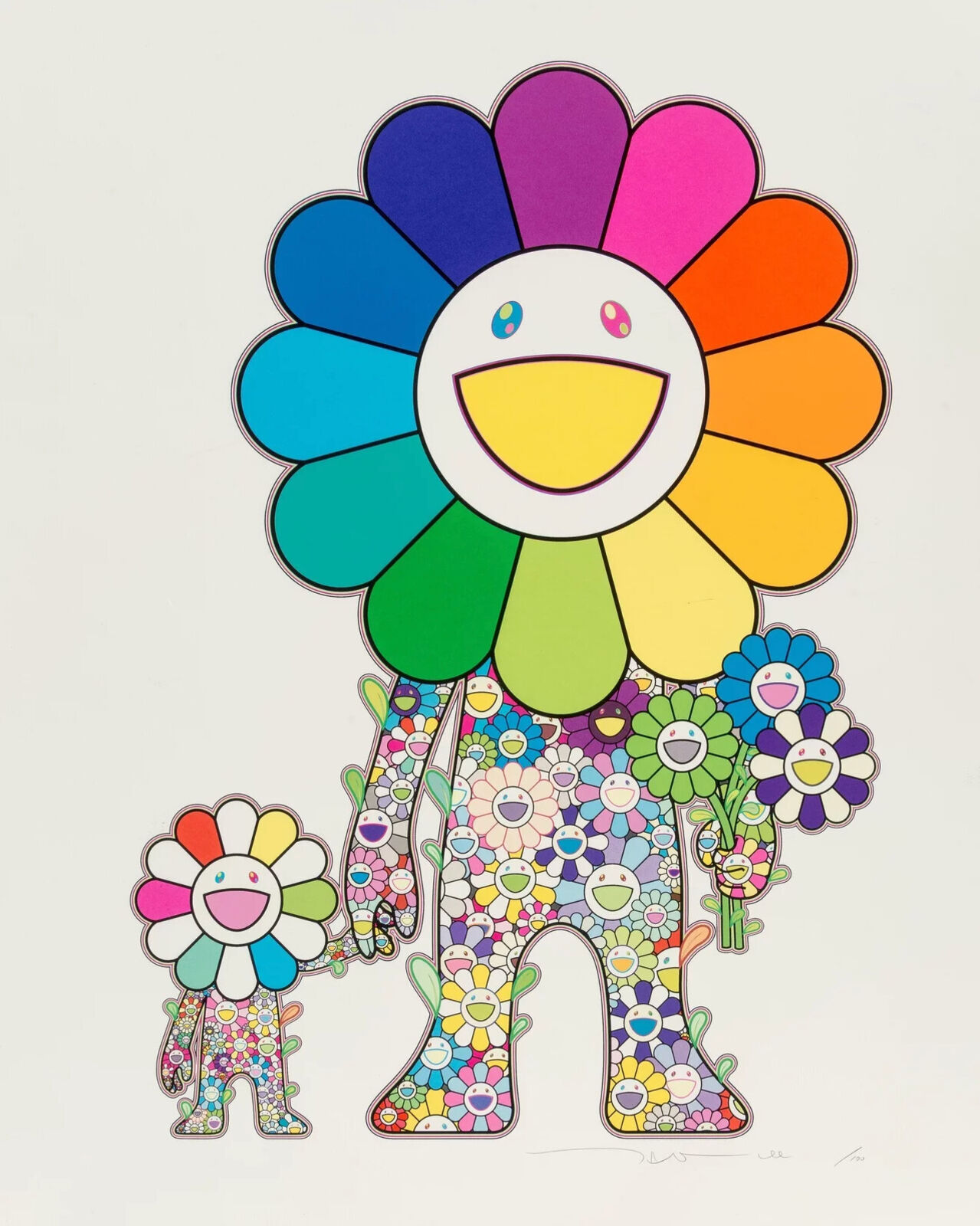 A drawing of a colorful flower with a smiley face.