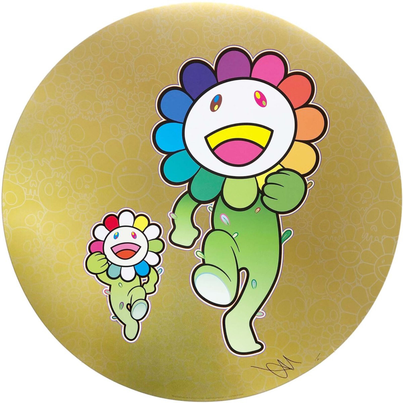 A painting of a flower with a smiley face on it's face.