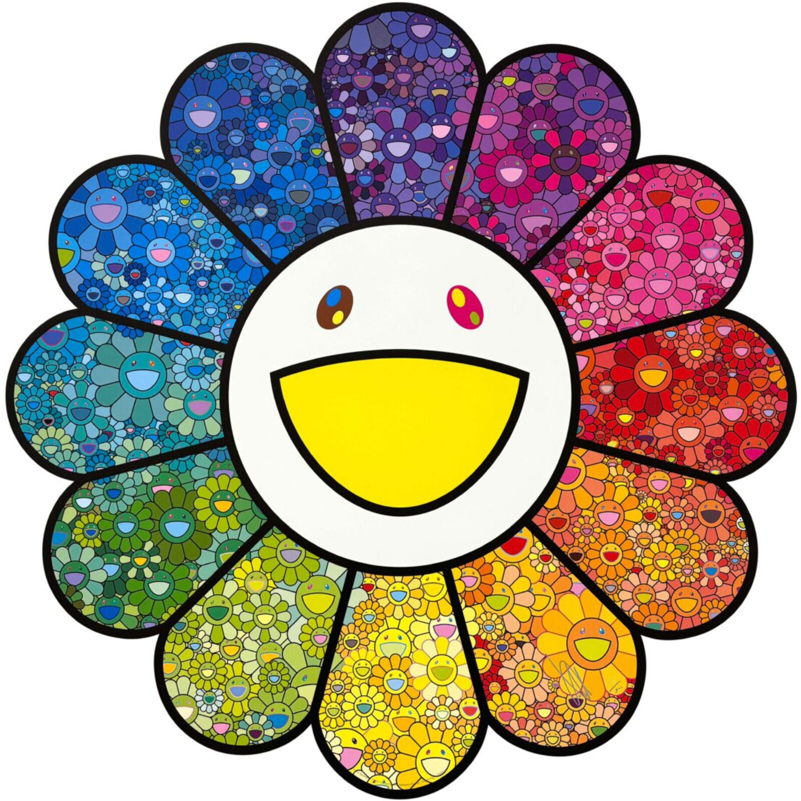 A colorful flower with a smiley face on it.