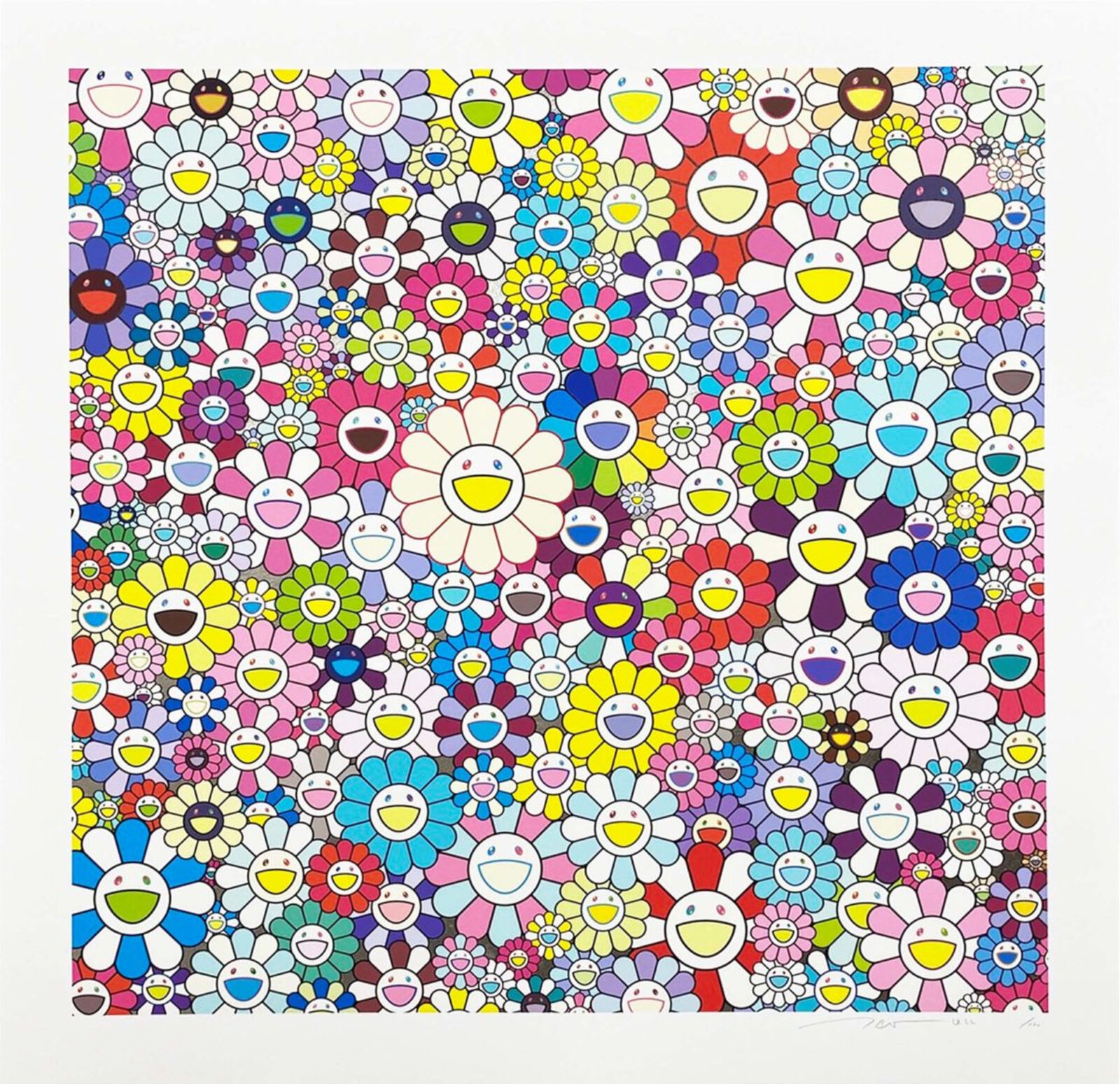 A large group of colorful flowers with smiley faces on them.