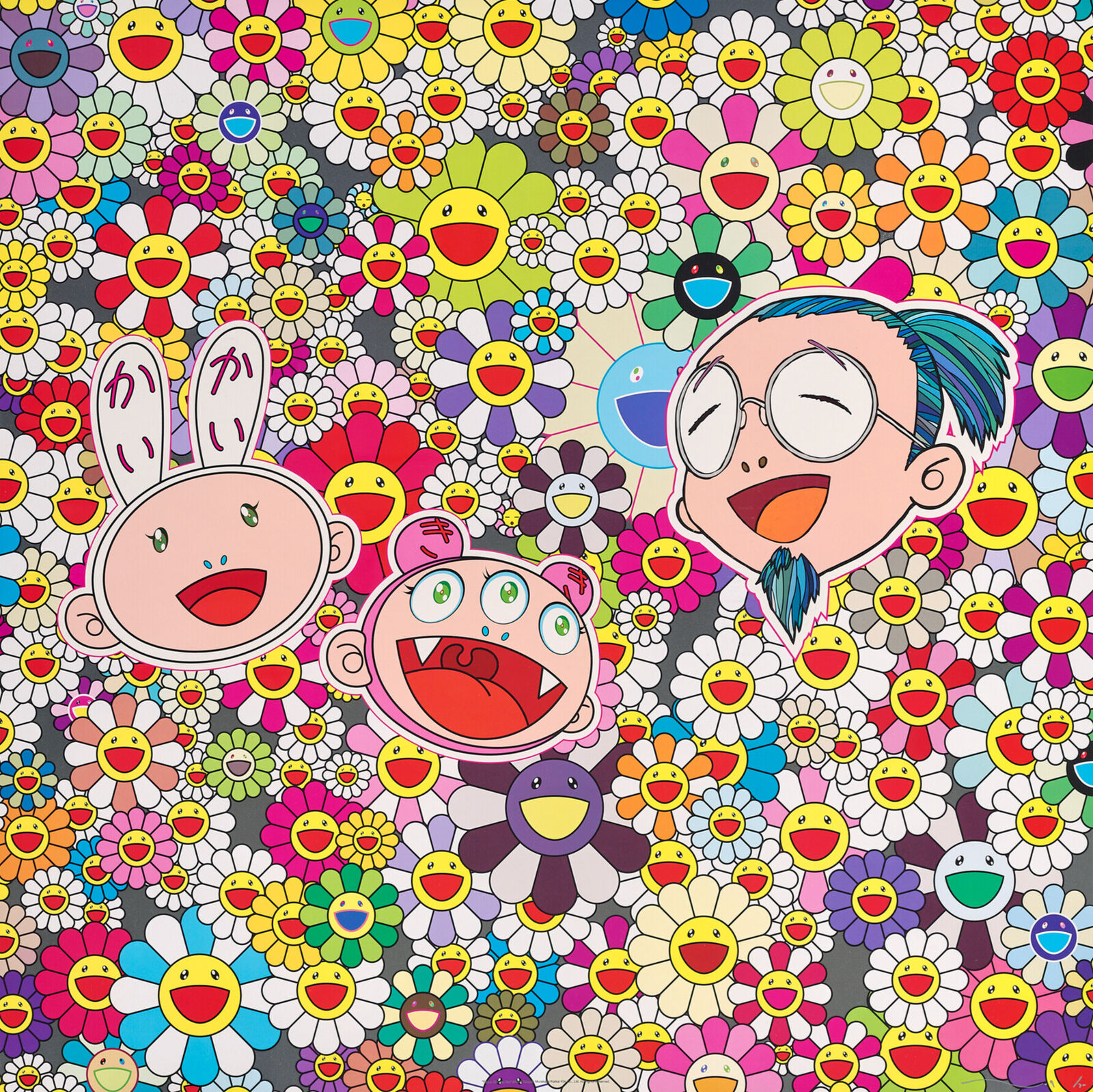 A bunch of cartoon characters in a field of flowers.