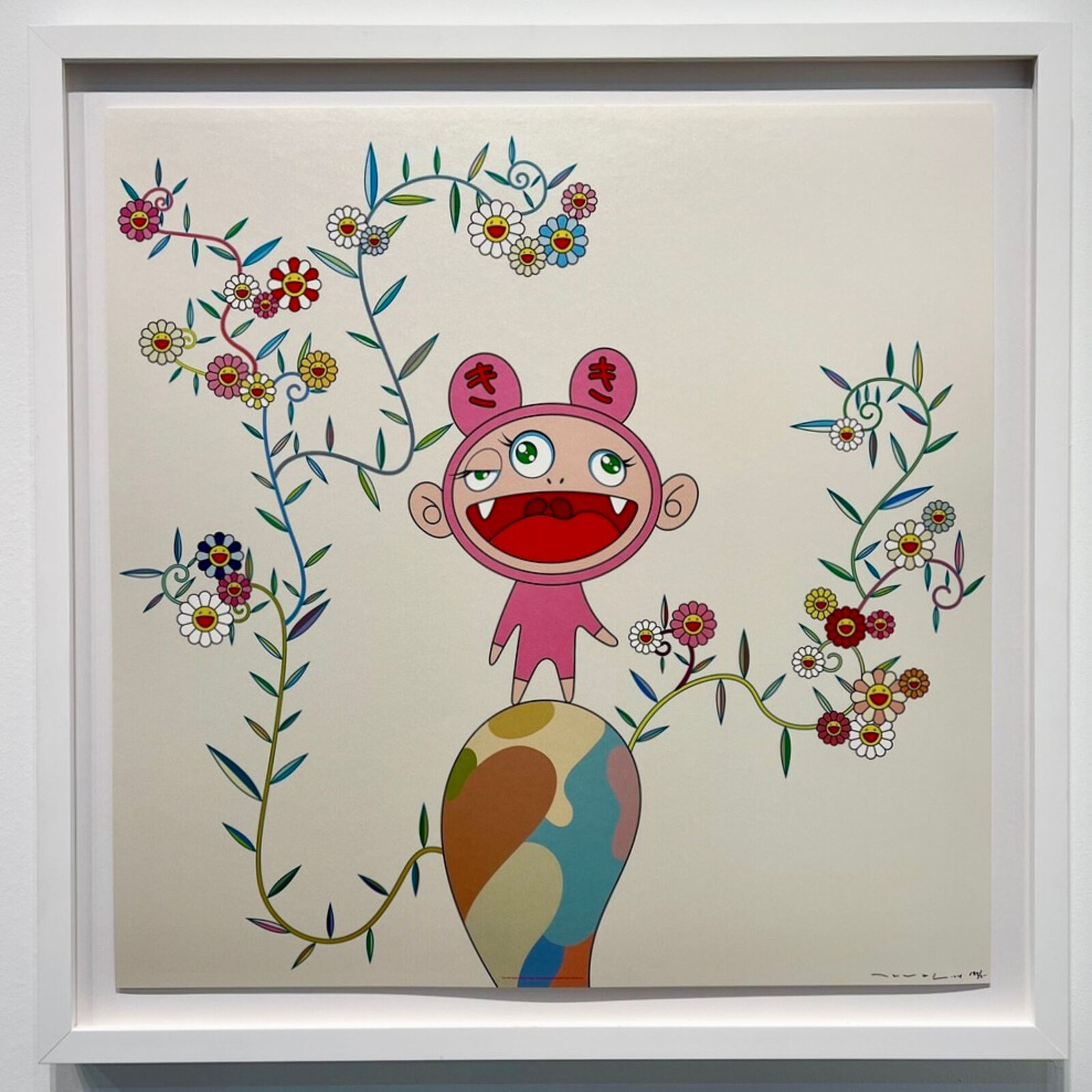 A painting of a pink monkey sitting on top of a globe.