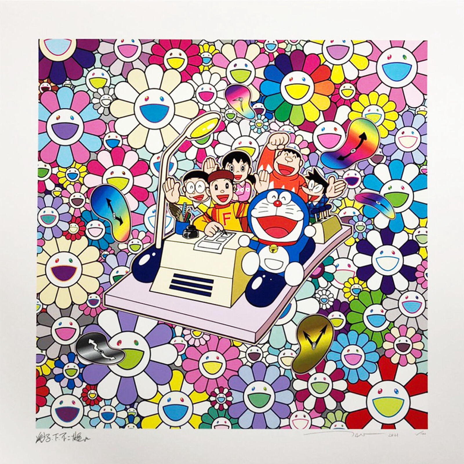 A painting of a group of cartoon characters in a room full of flowers.
