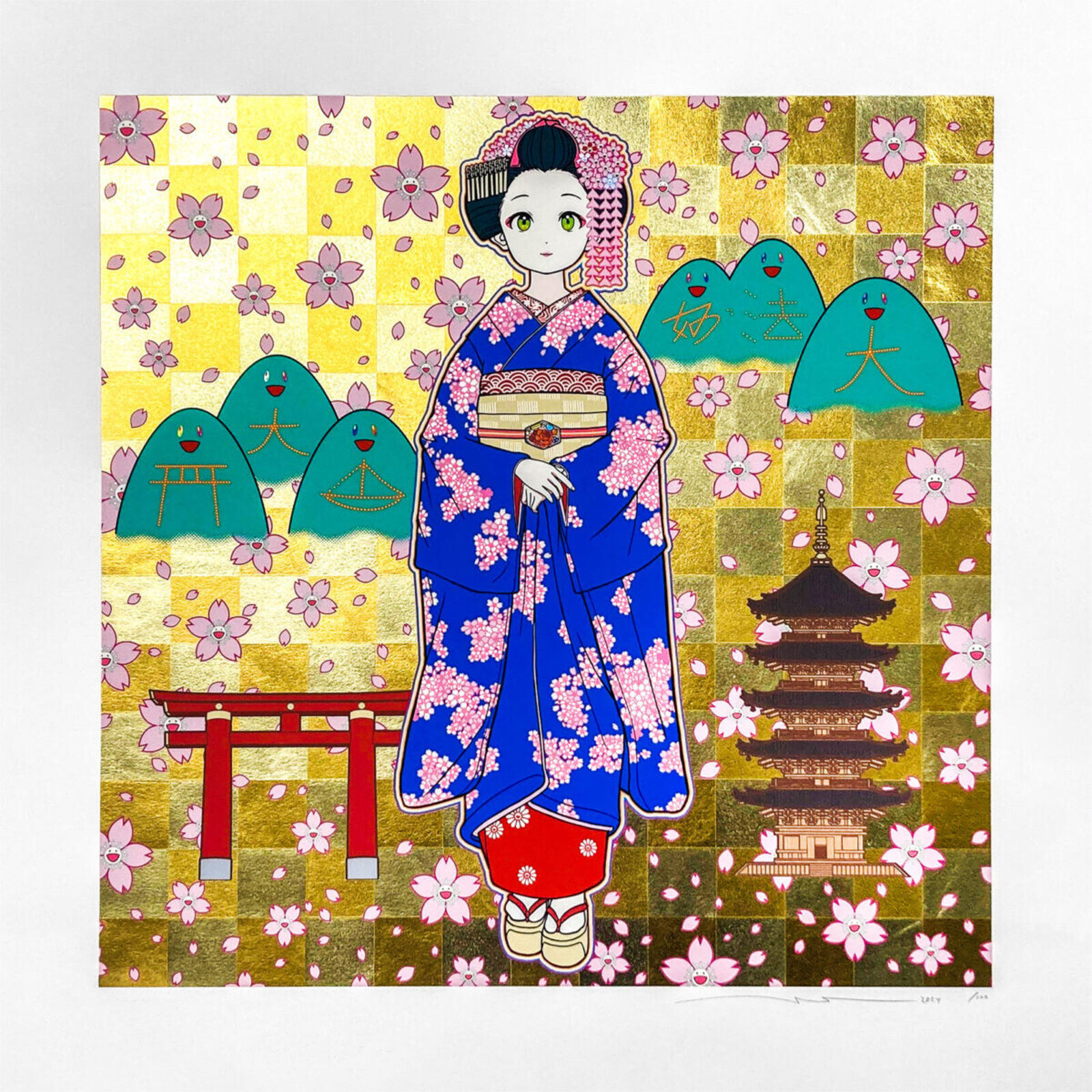 A painting of a woman in a blue kimono standing in front of a pagoda.