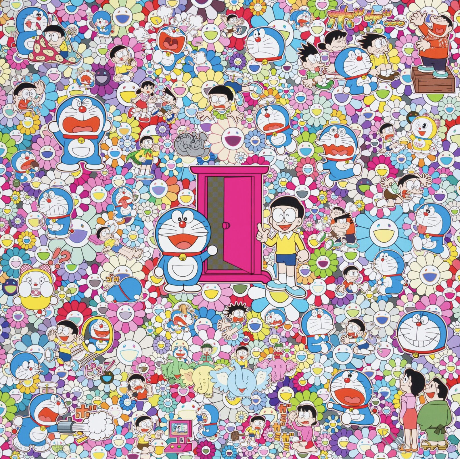 A large group of cartoon characters in a room full of flowers.