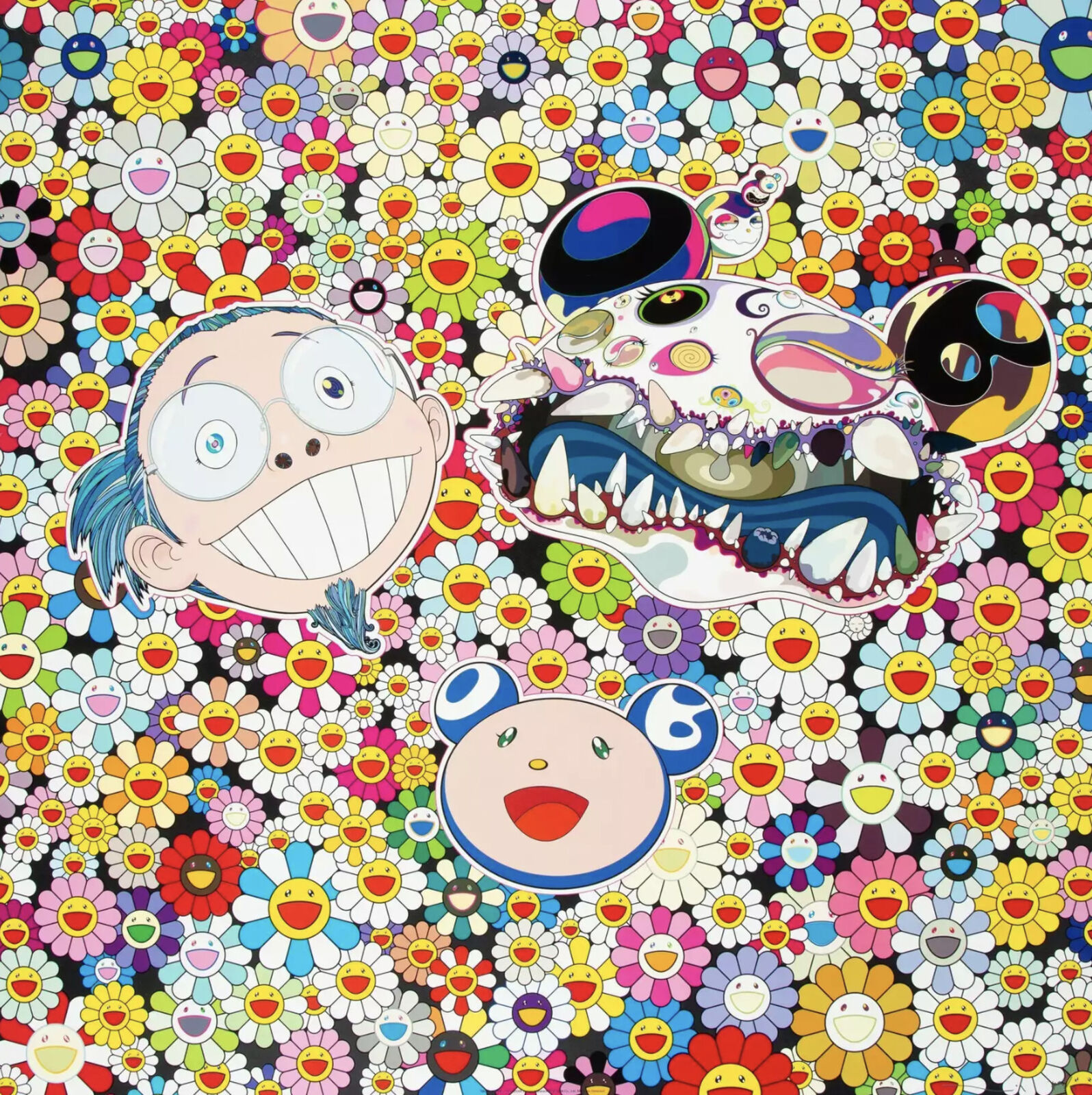 A painting of a bunch of cartoon characters in a field of flowers.