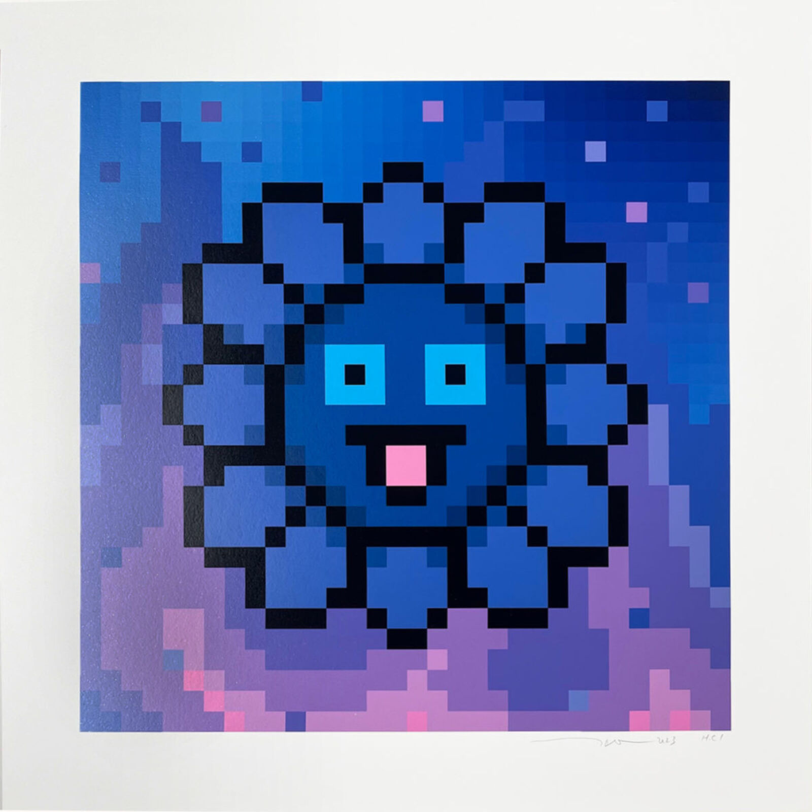 A pixelated image of a blue flower with a smiley face.
