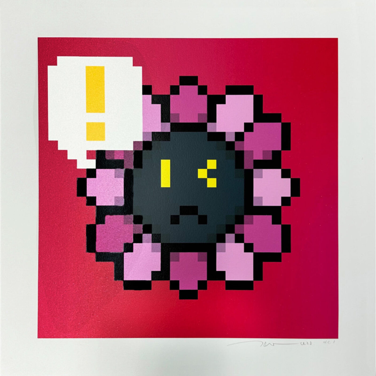 A pixel art of a flower with a speech bubble above it.