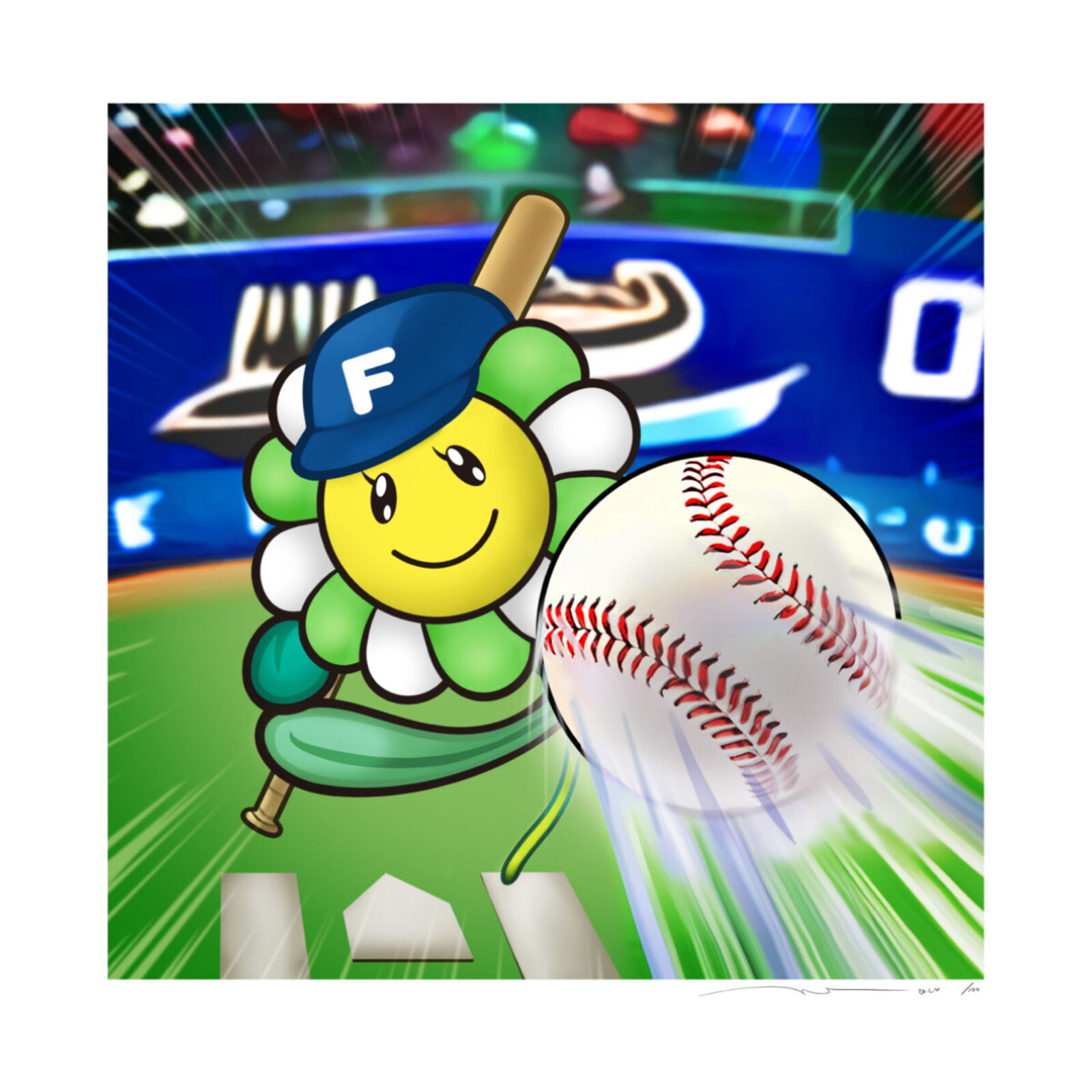 A baseball player holding a baseball bat and a smiley face.