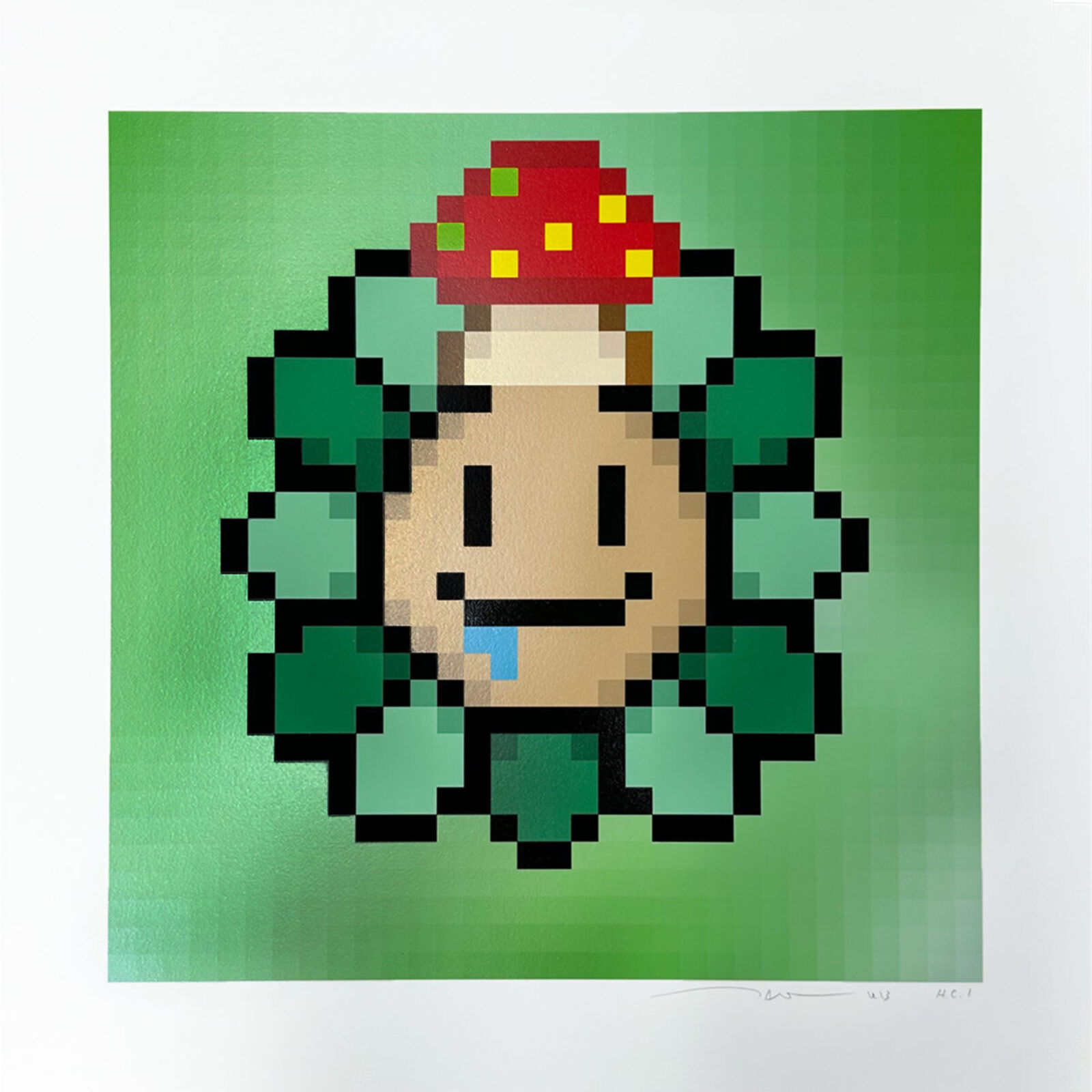 A pixel art of a mushroom with a smiley face.