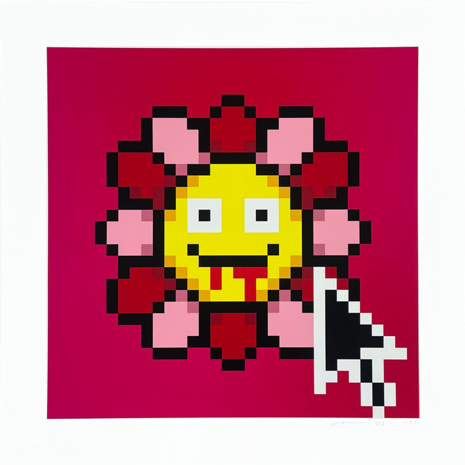 A pixel art of a smiling face with a flower in her hair.