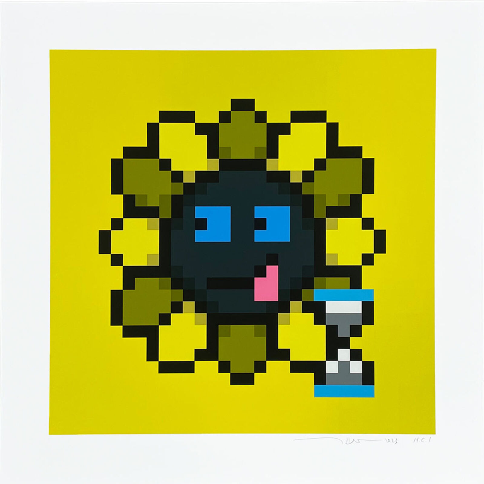 A pixel art of a black and yellow flower with blue eyes.