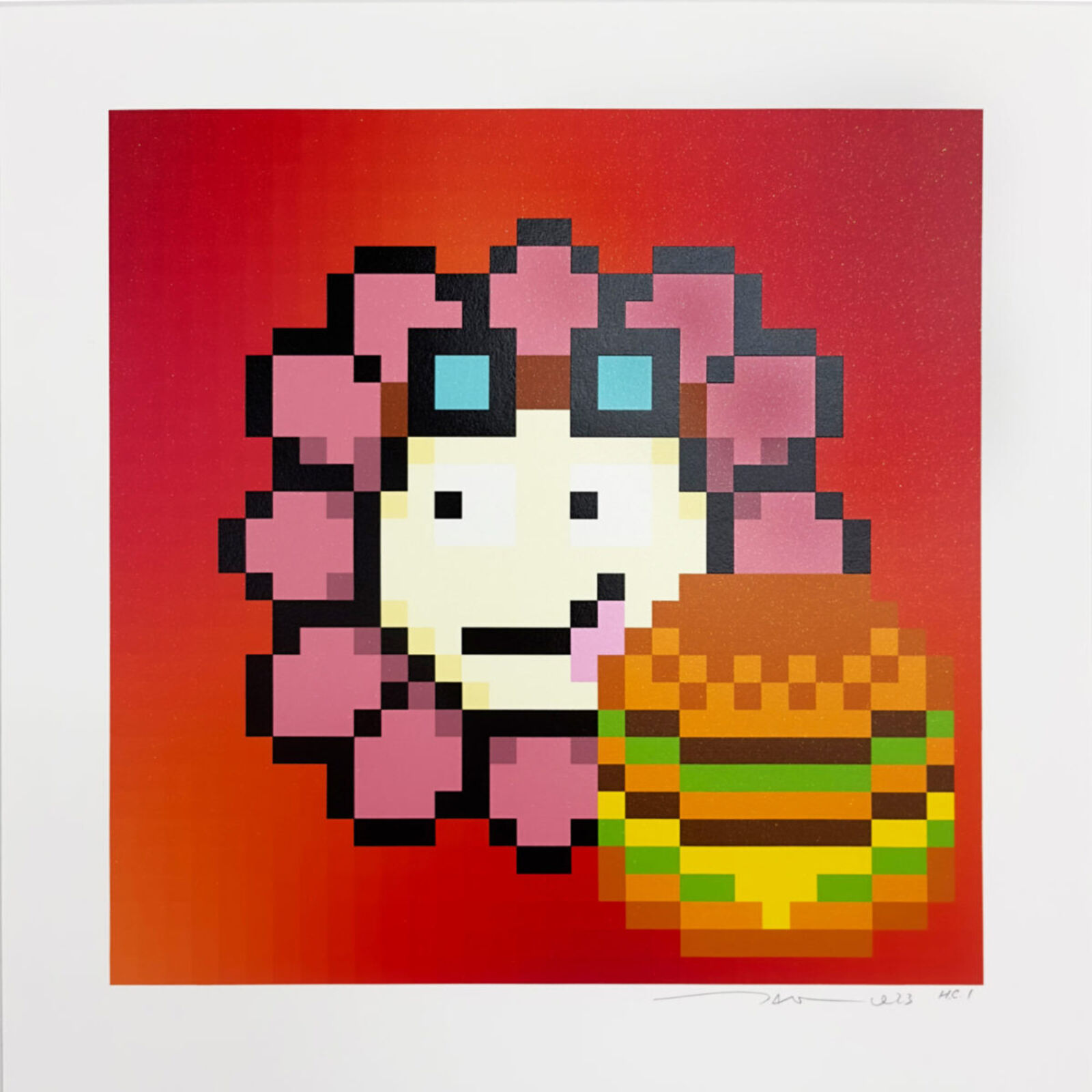 A pixel art of a girl holding a basket of fruit.