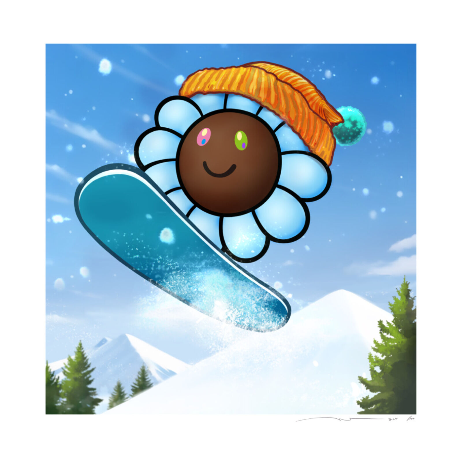 A cartoon sun with a hat on a snowboard in the air.