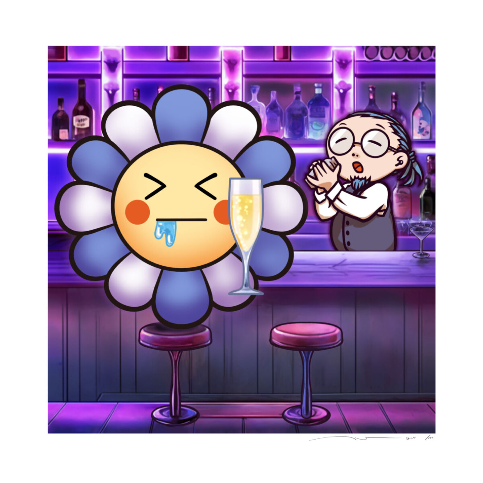 A cartoon of a woman sitting at a bar with a glass of champagne.