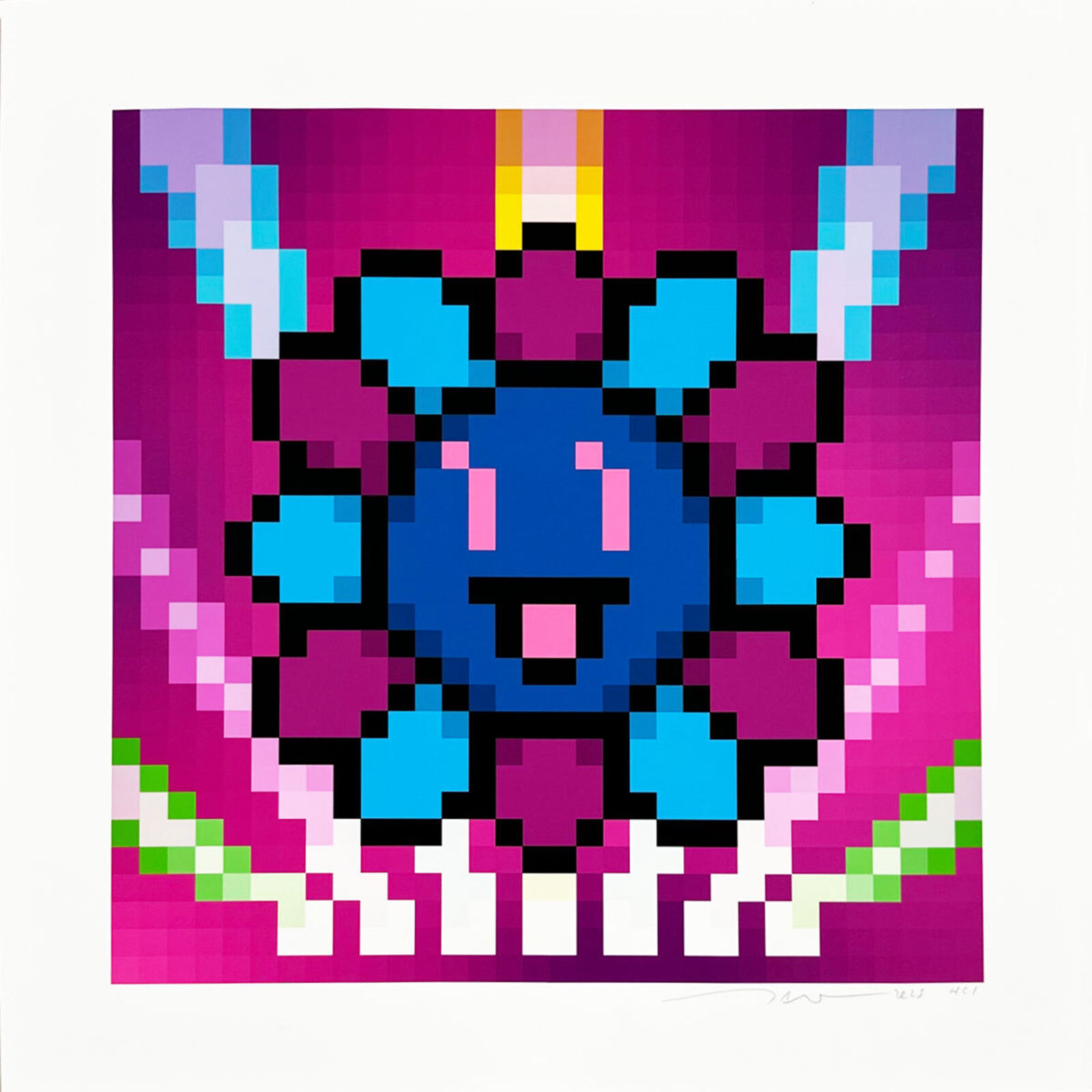 A pixel art of a blue and pink unicorn with a rainbow on its head.