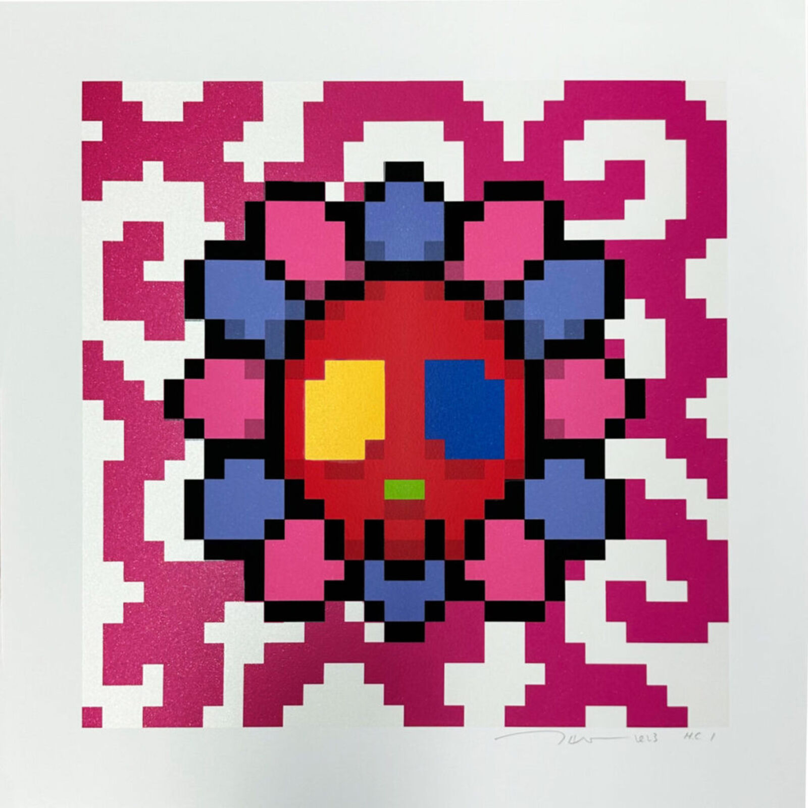 A pink and blue flower with a red center on a white background.