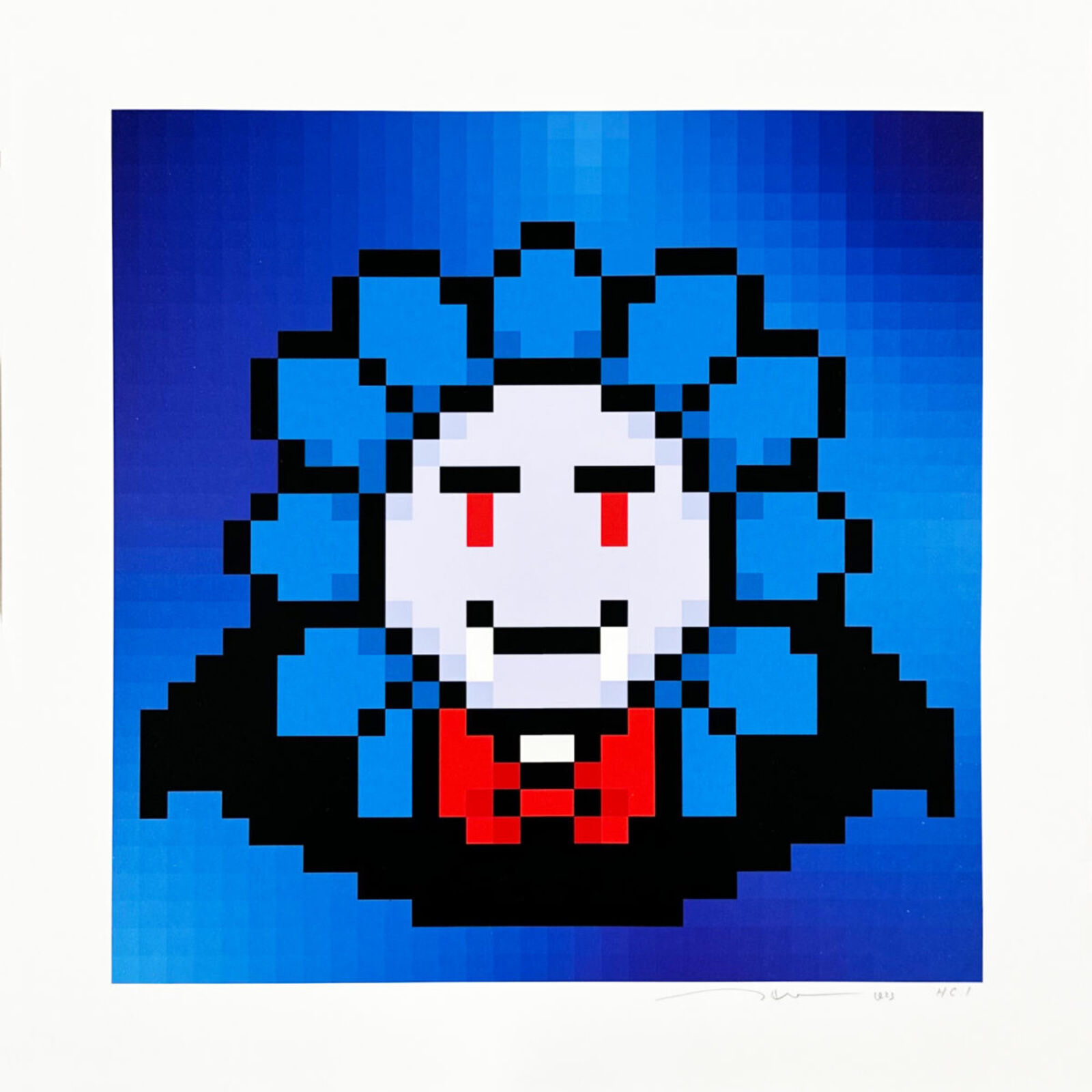 A pixel art of a clown with a red bow tie.