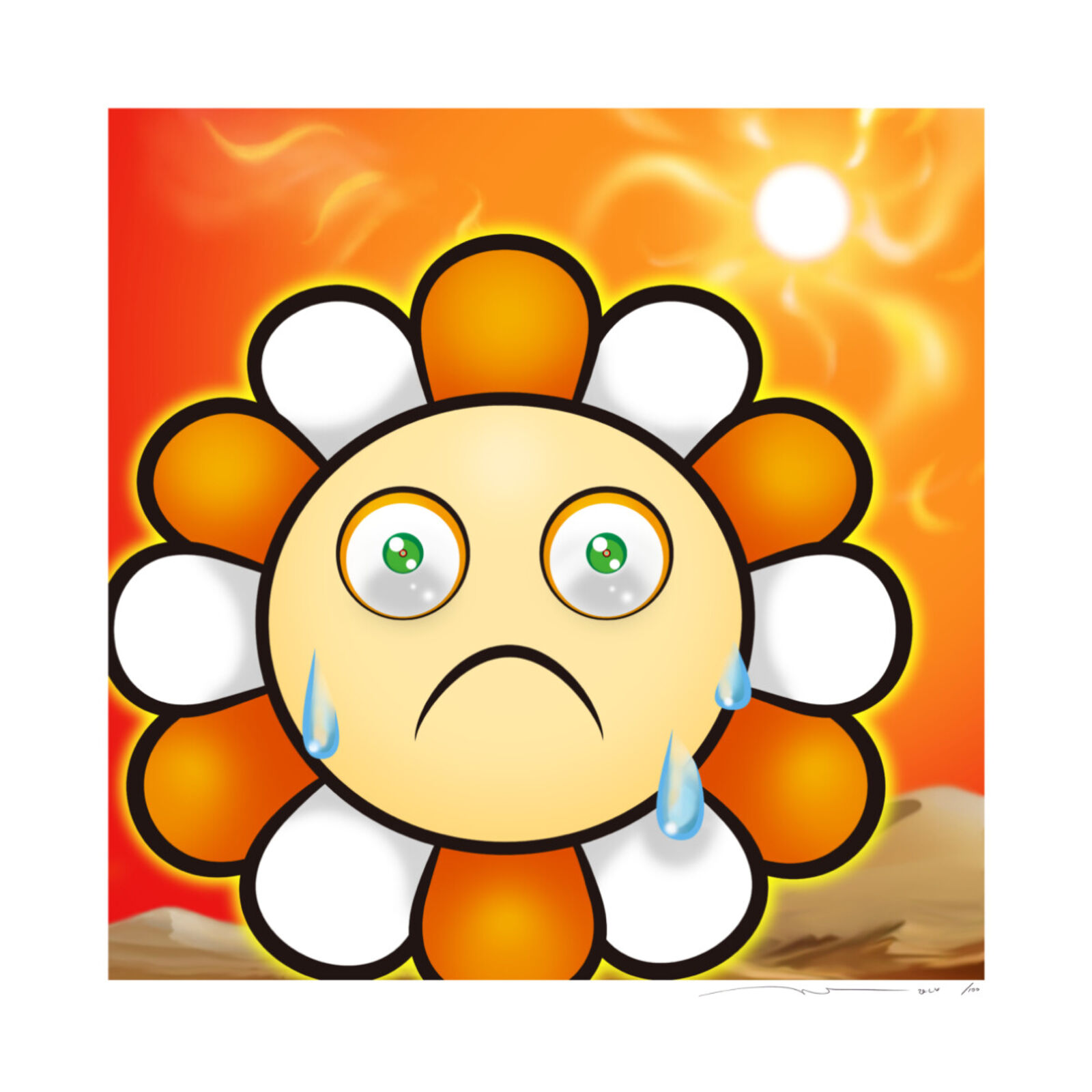A cartoon flower with a sad face and a crying face.