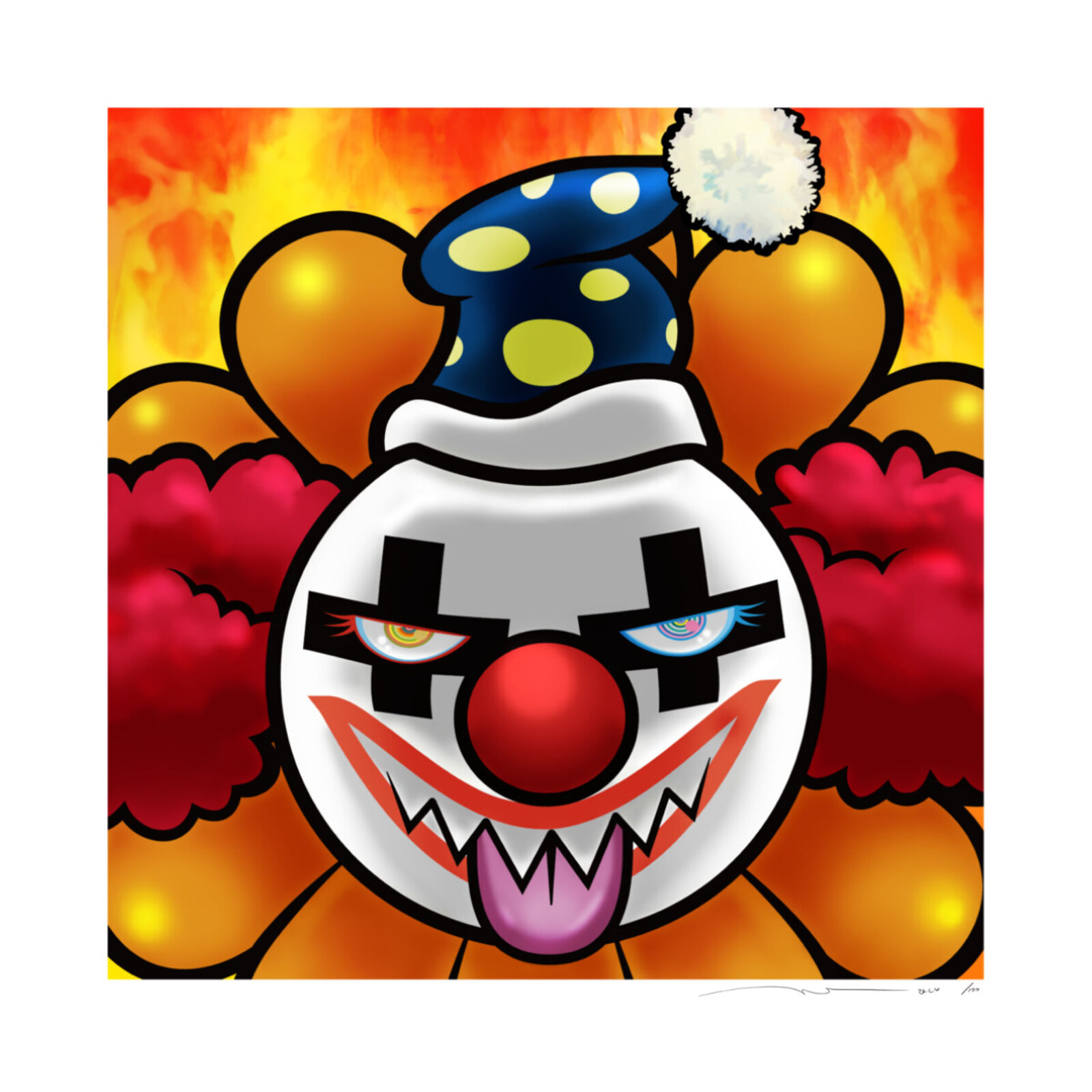 A clown with a clown hat on top of a flower.