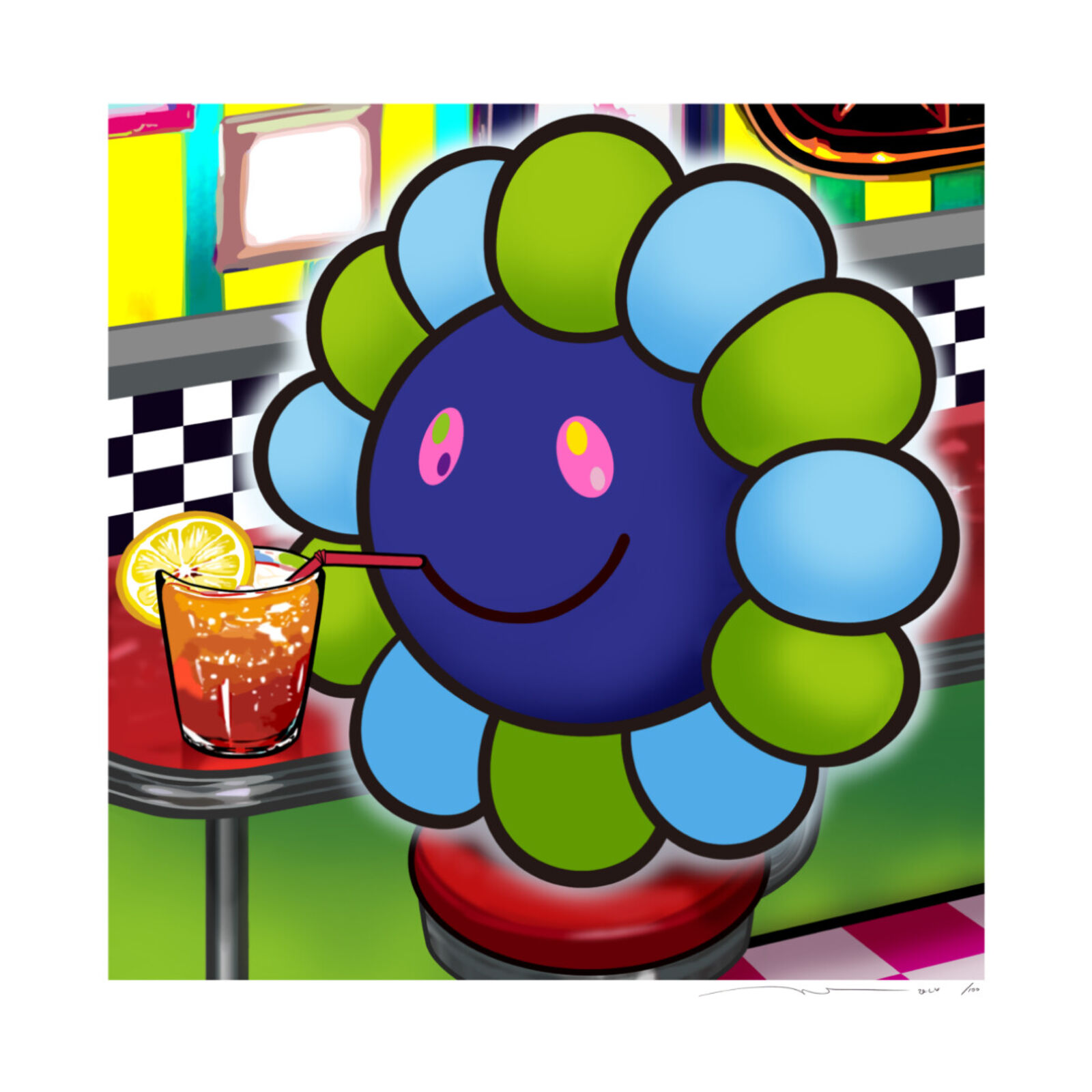 A cartoon flower sitting at a table with a drink.