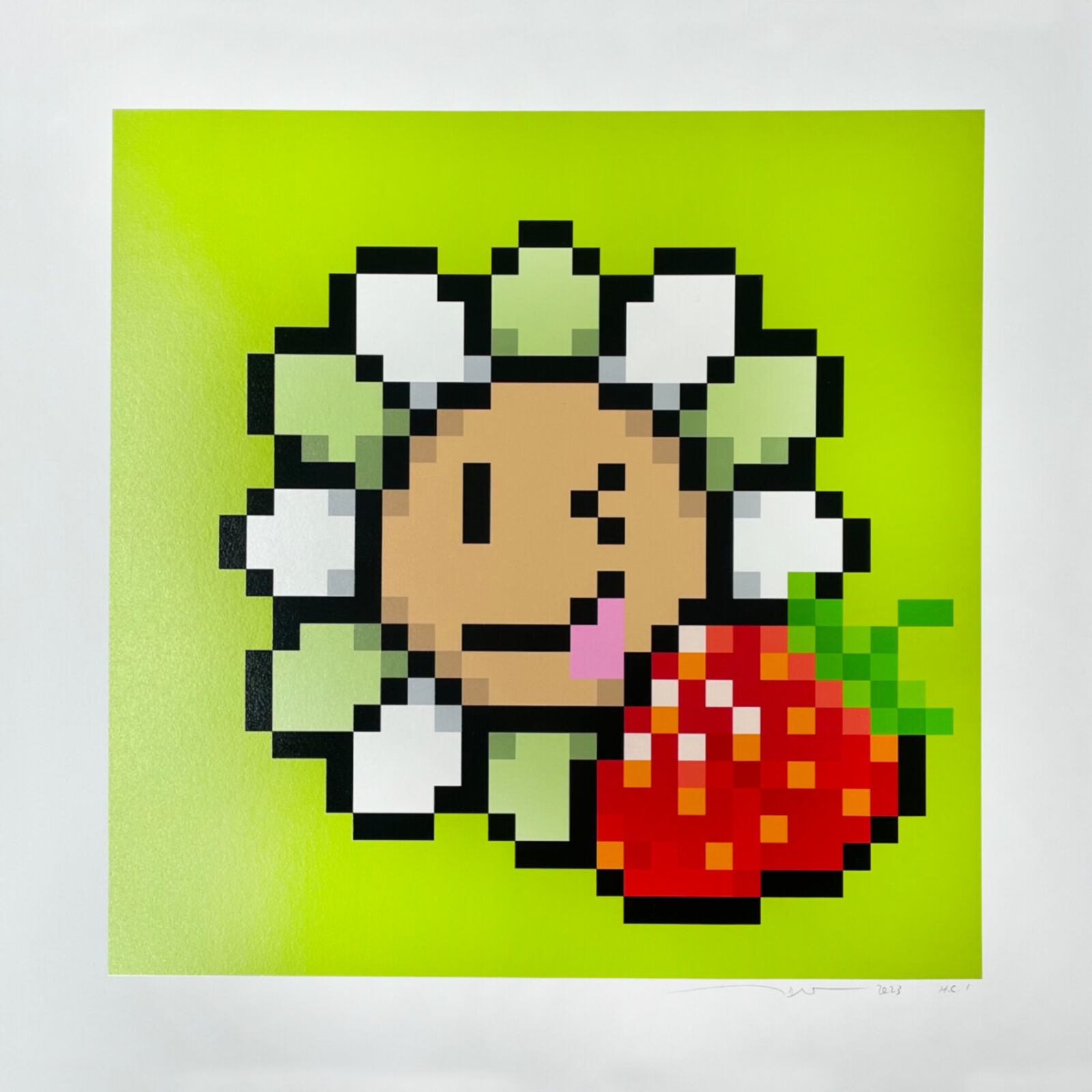 A pixel art of a strawberry with a flower in her hair.