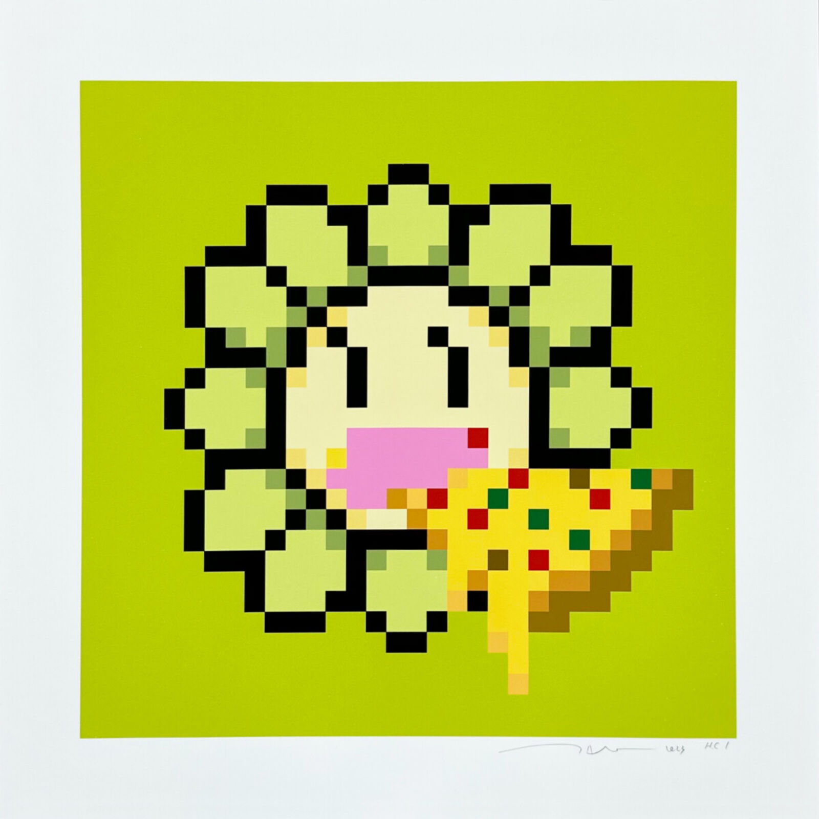 A pixel art of a flower with a pink heart on it.