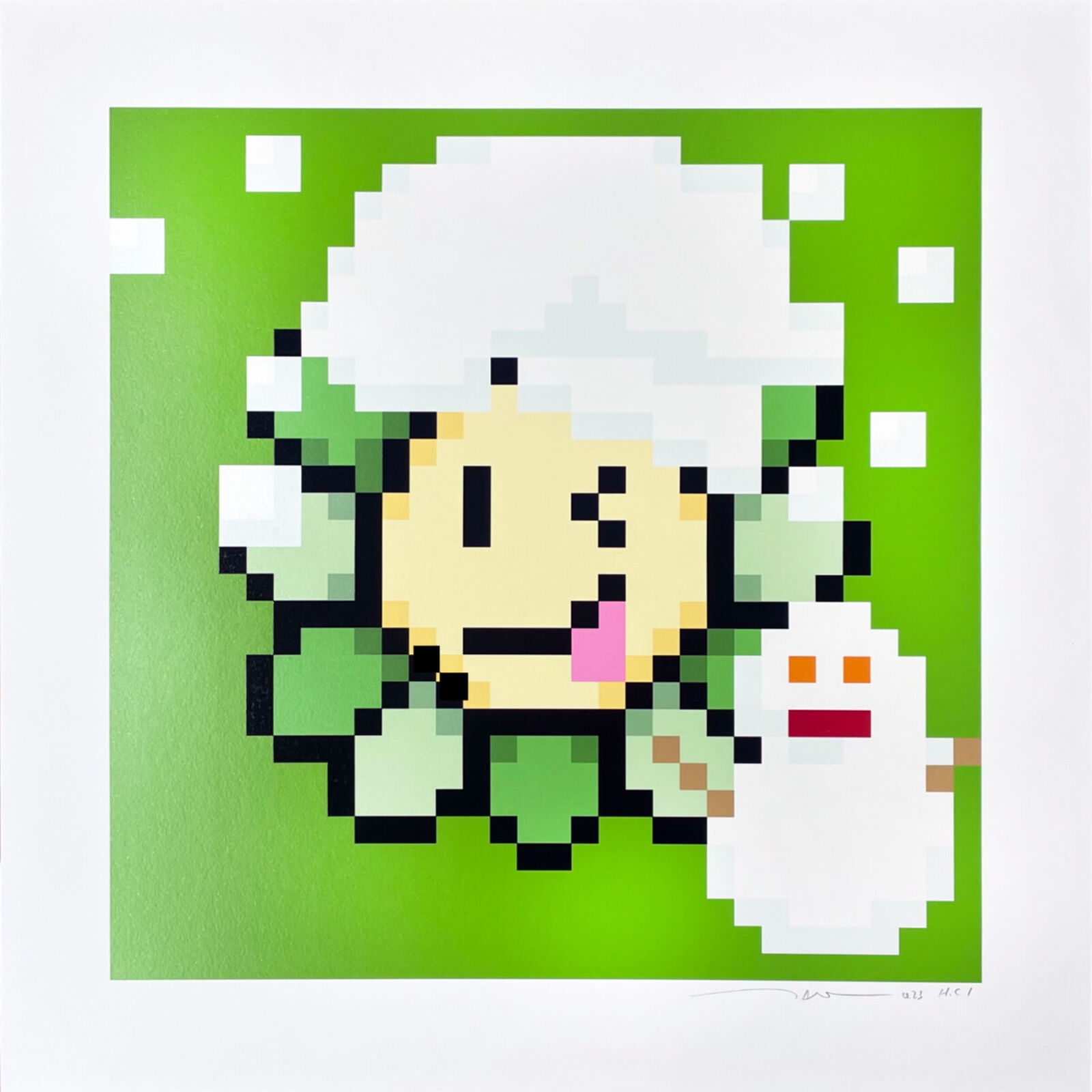 A pixel art of a smiling sheep holding a snowman.