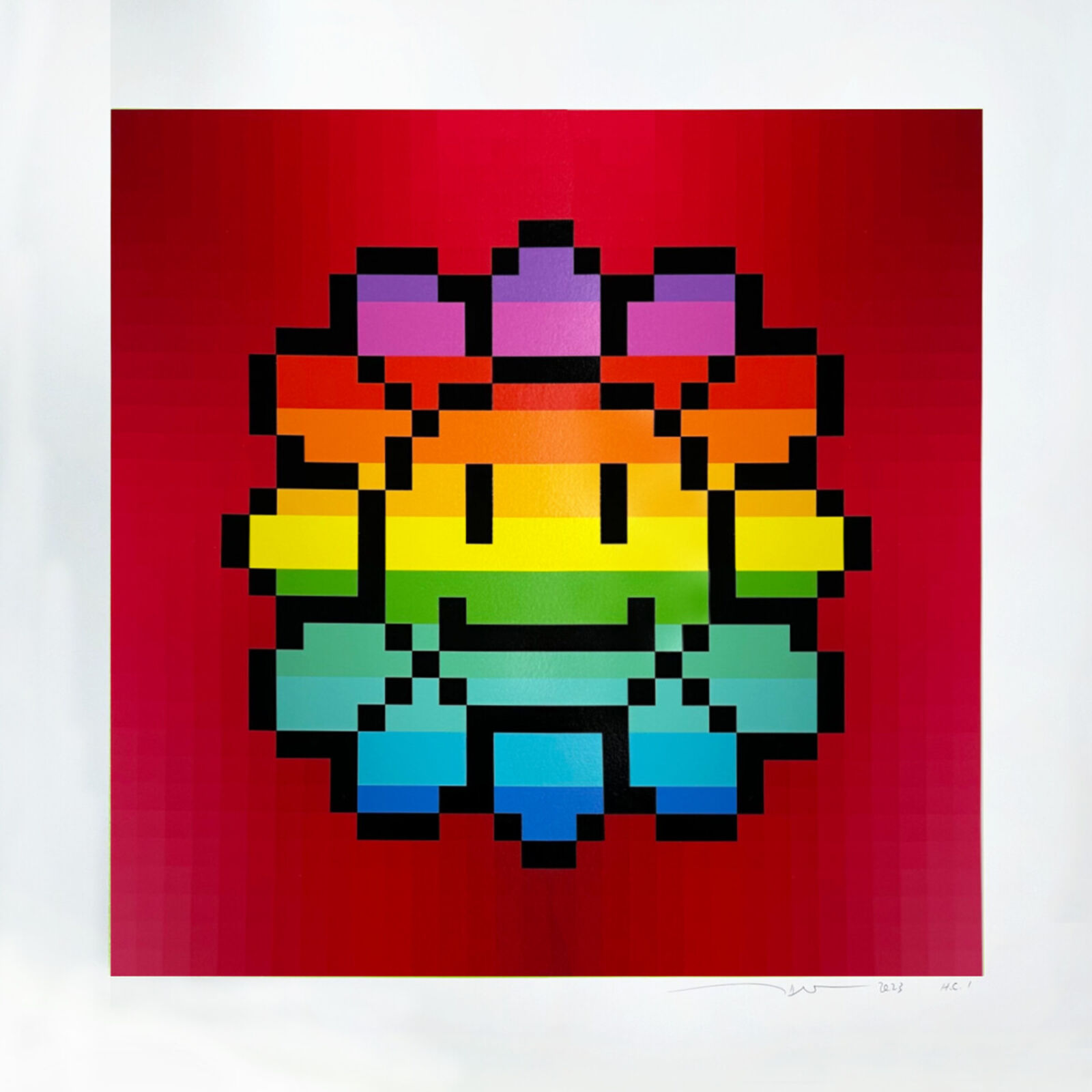 A pixel art of a rainbow colored smiley face on a red background.