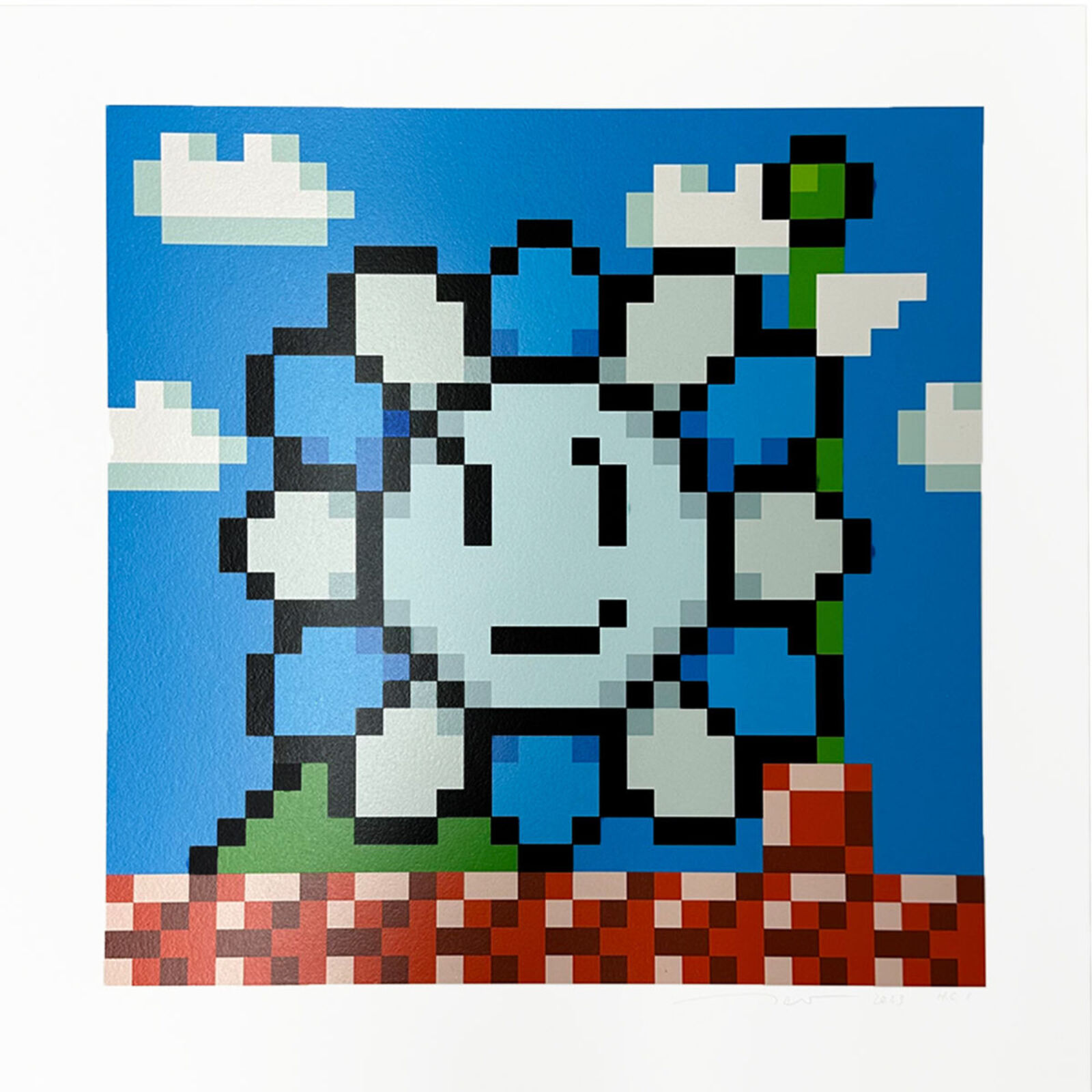A pixel art of a mushroom on a blue background.