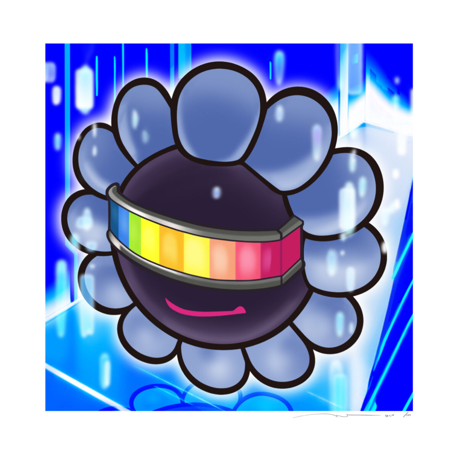 A drawing of a flower with a rainbow band on it.