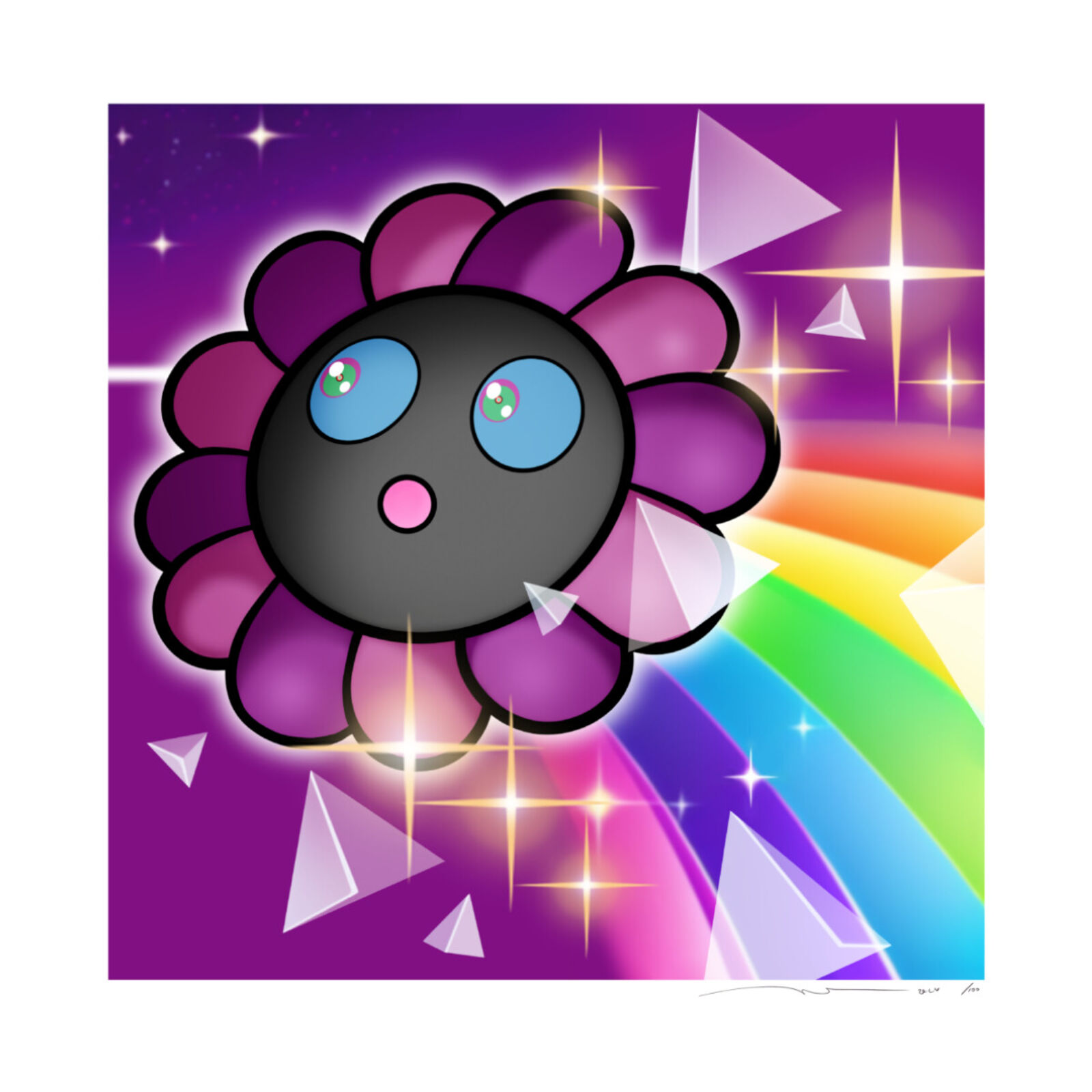 A purple flower with a rainbow in the background.