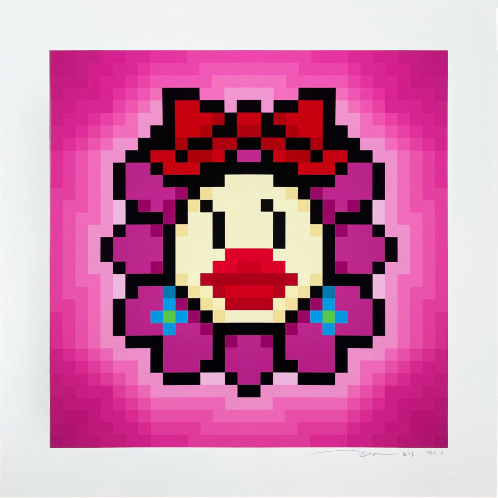 A pixel art of a clown with a red bow on his head.