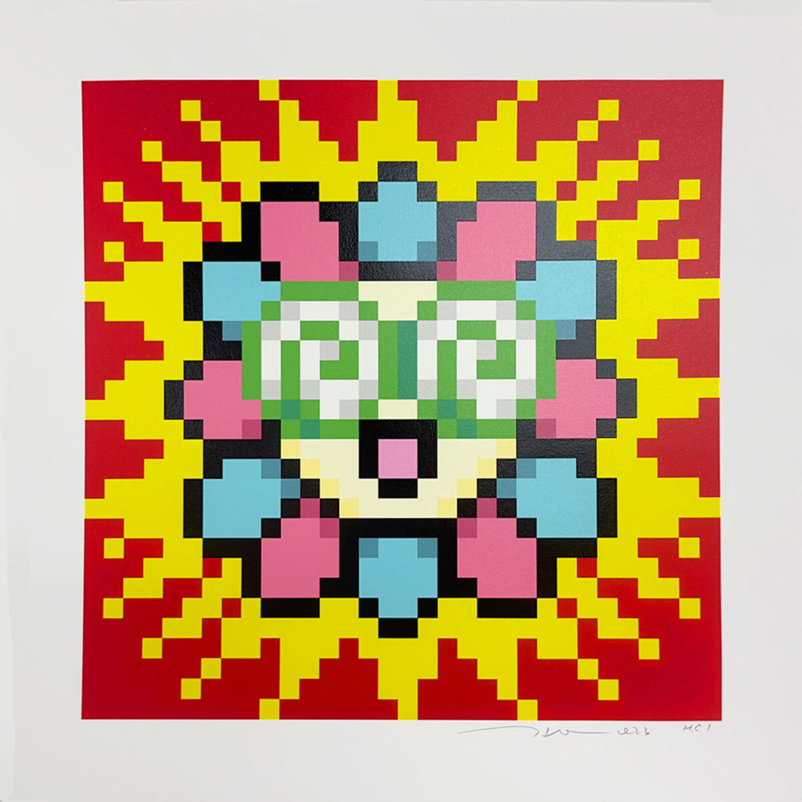 A pixel art piece of a flower on a red background.