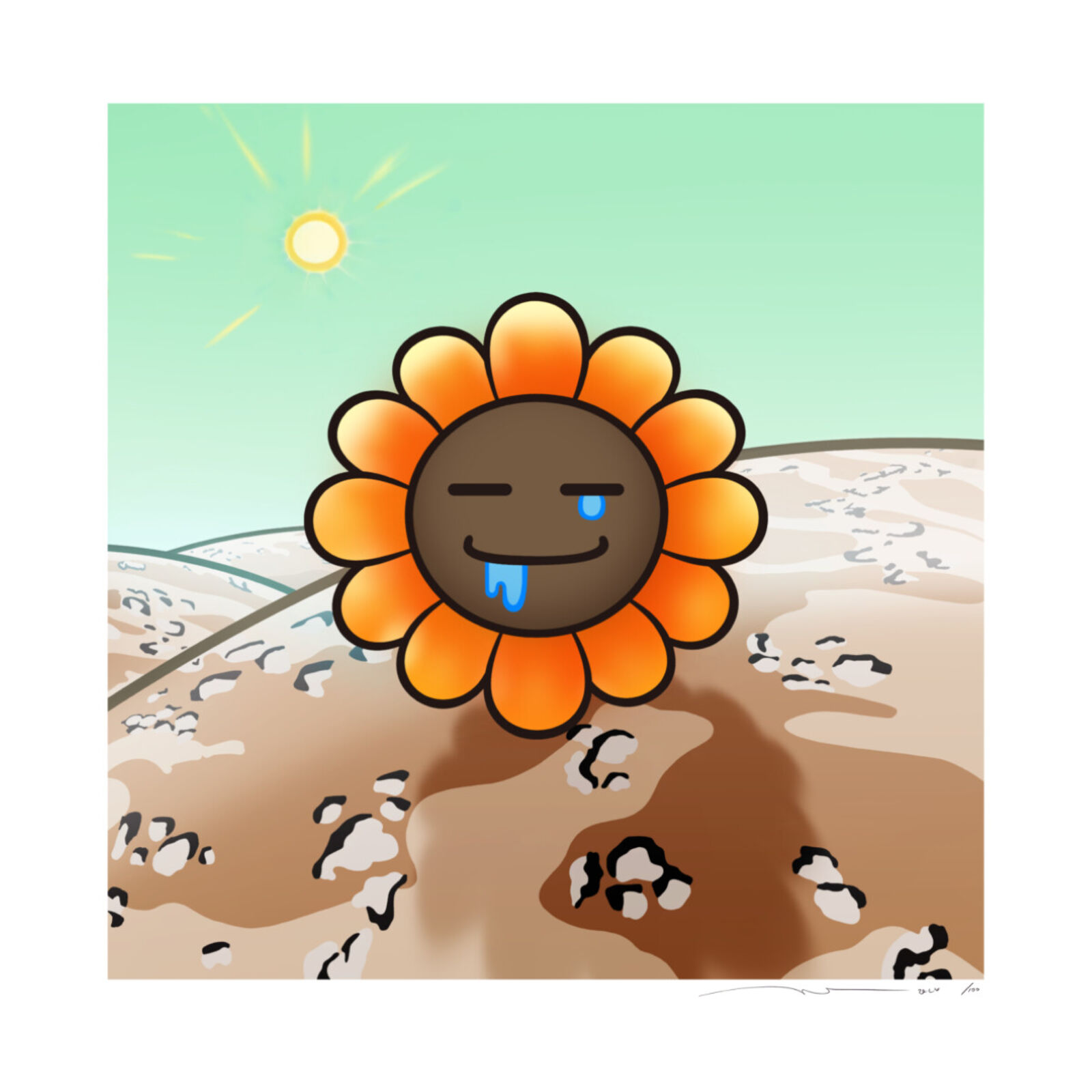 A cartoon sunflower with a smiley face in the desert.