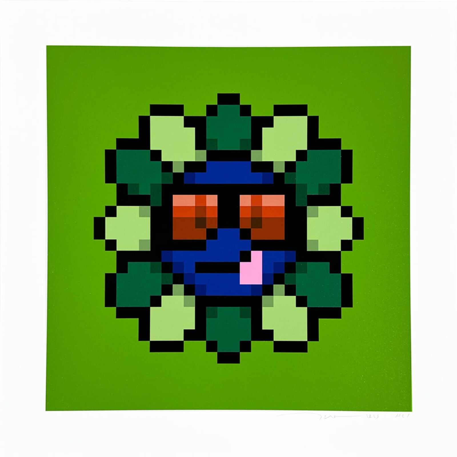 A pixel art of a blue and green flower with orange eyes.