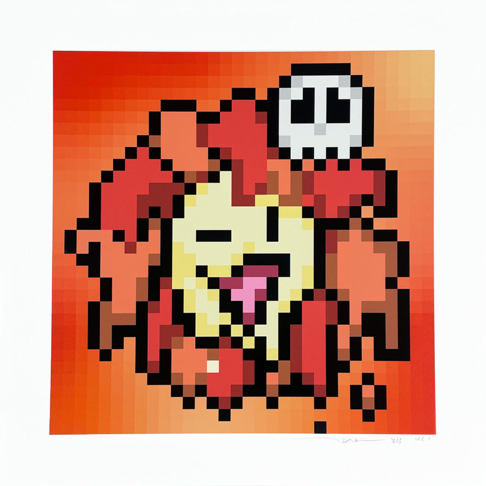 A pixel art of a cartoon character with a skull on his head.
