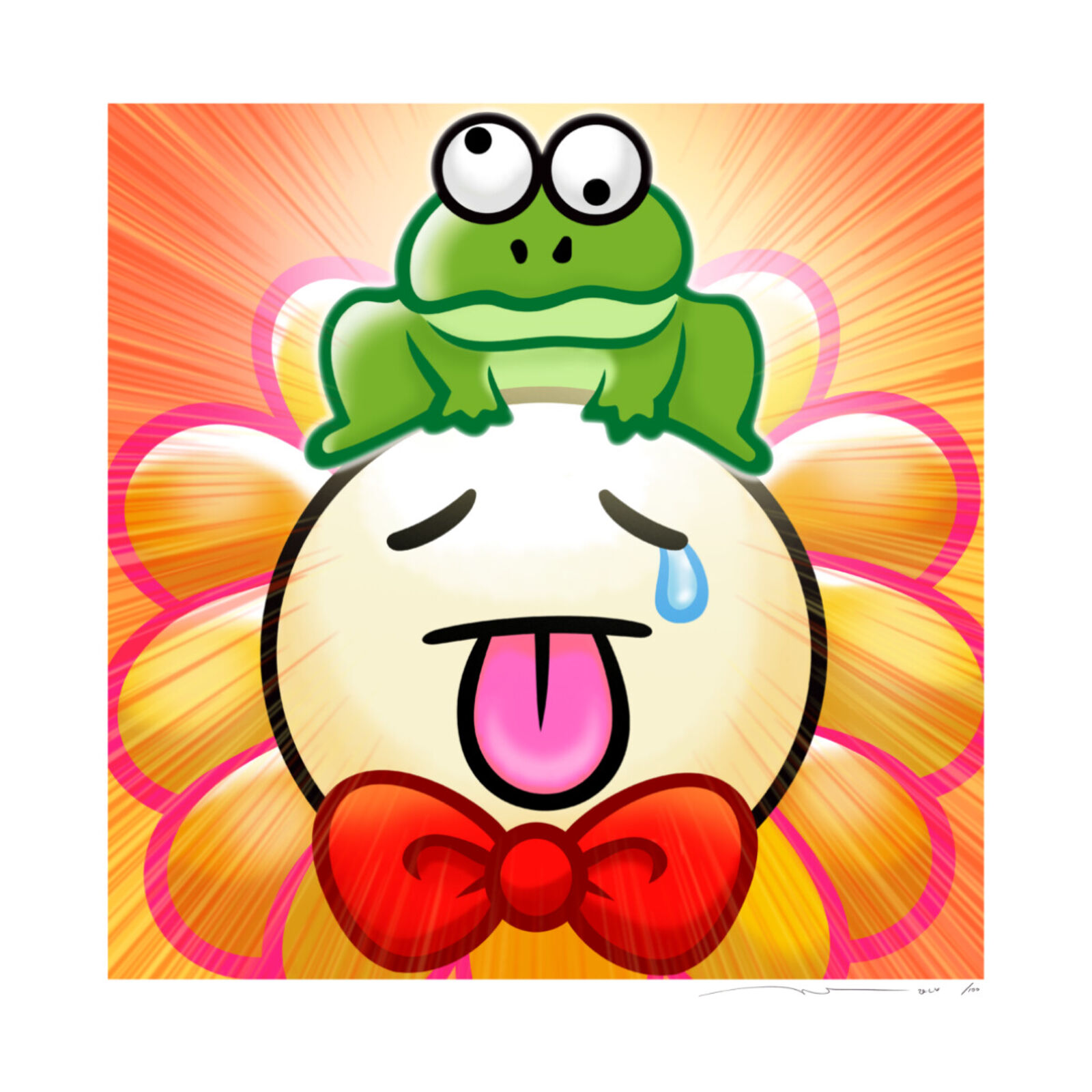 A cartoon frog sitting on top of a flower with a red bow tie.