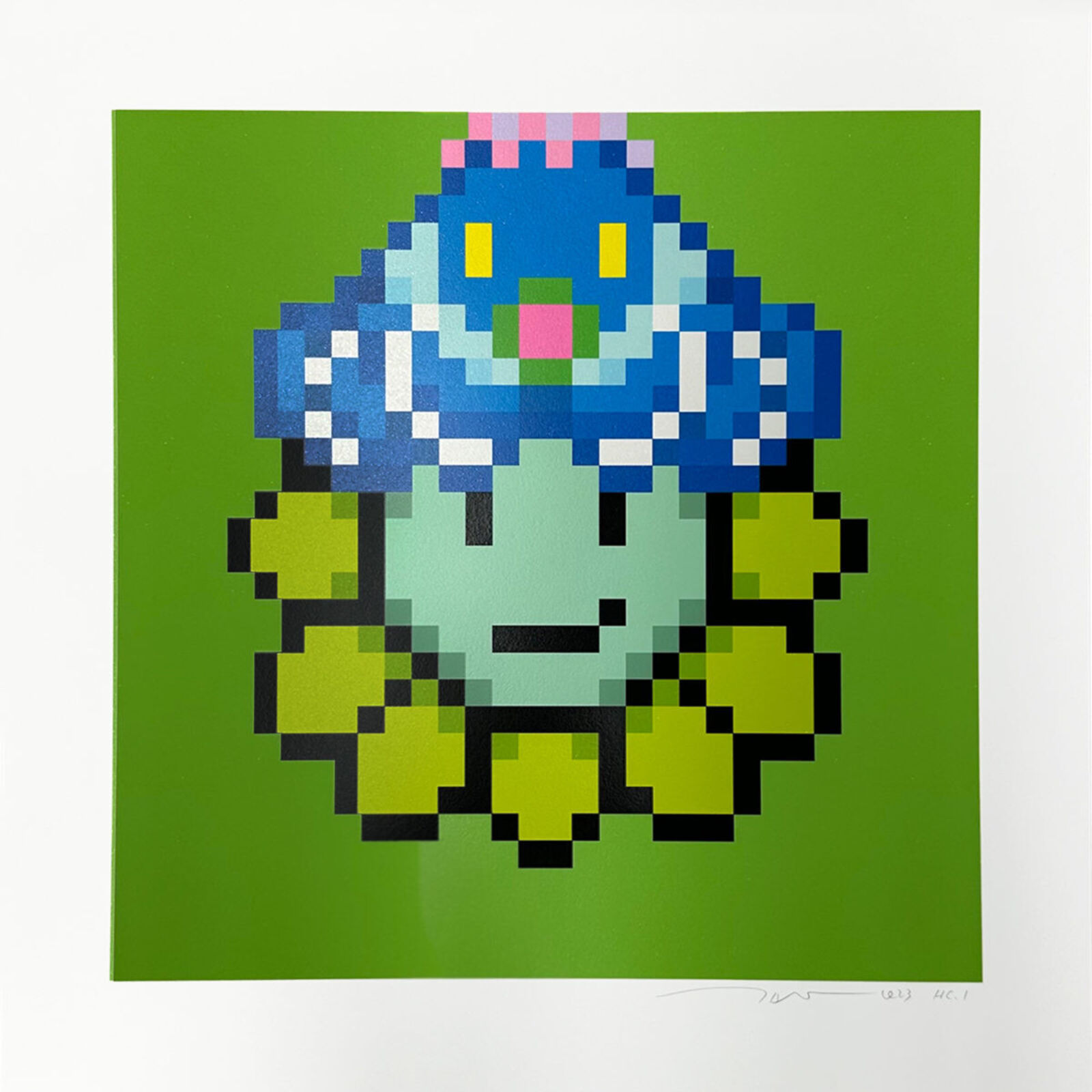 A pixel art of a blue and green monster with a pink hat.