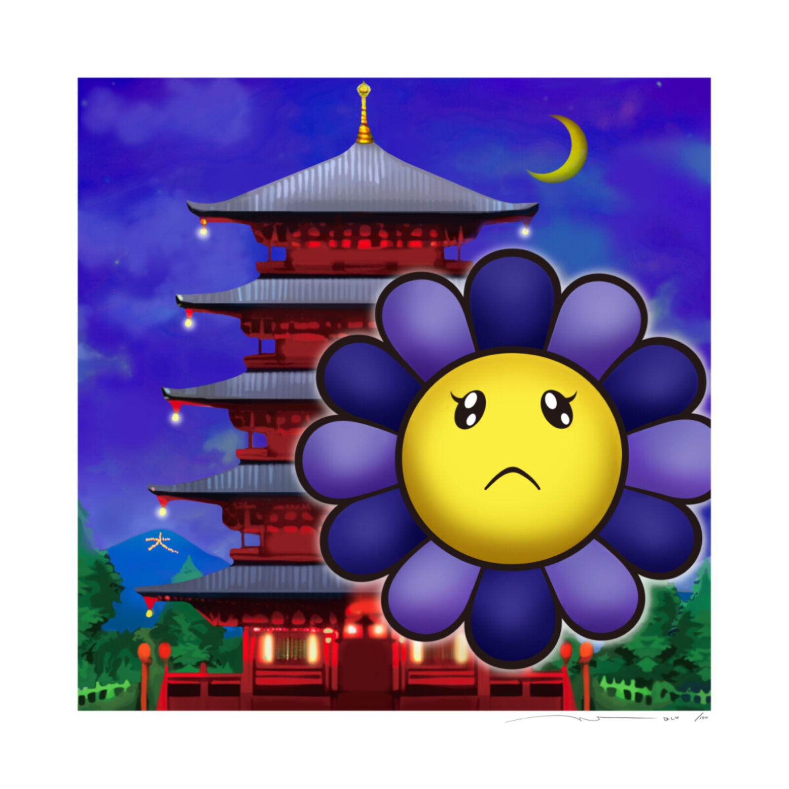 A flower with a sad face in front of a pagoda.